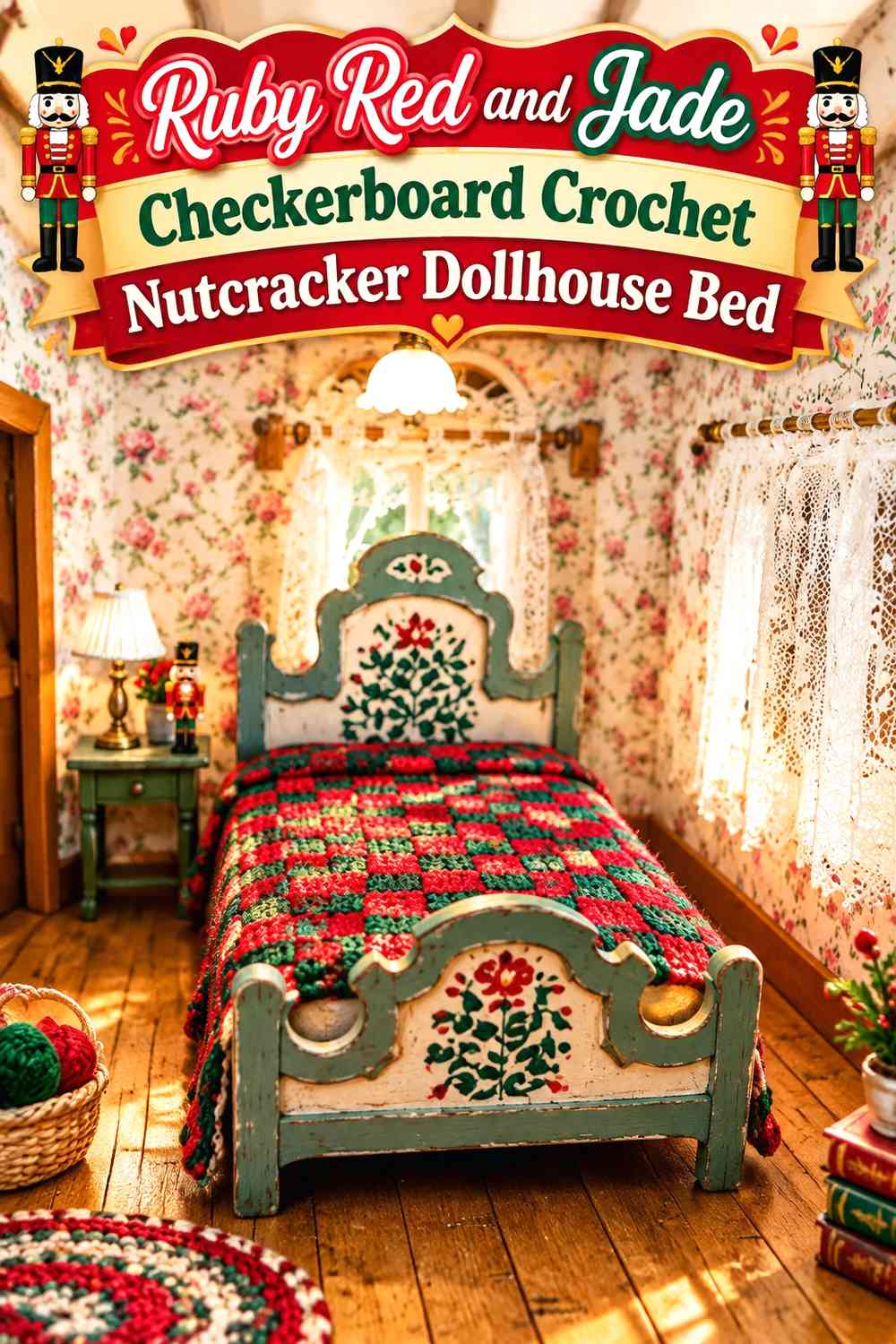 Ruby Red and Jade Checkerboard Crochet Nutcracker Dollhouse Bed