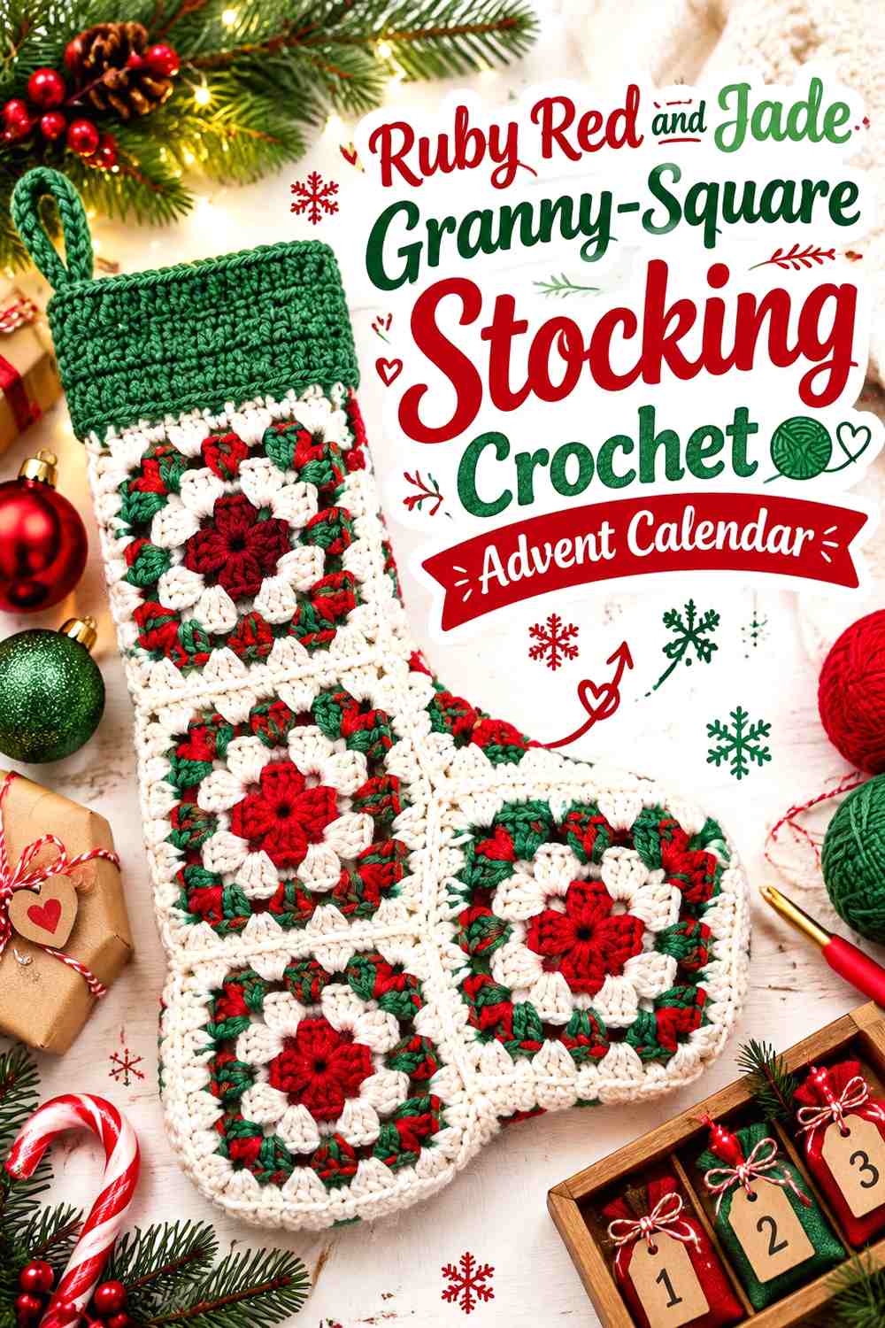 Ruby Red and Jade Granny-Square Stocking Crochet Advent Calendar