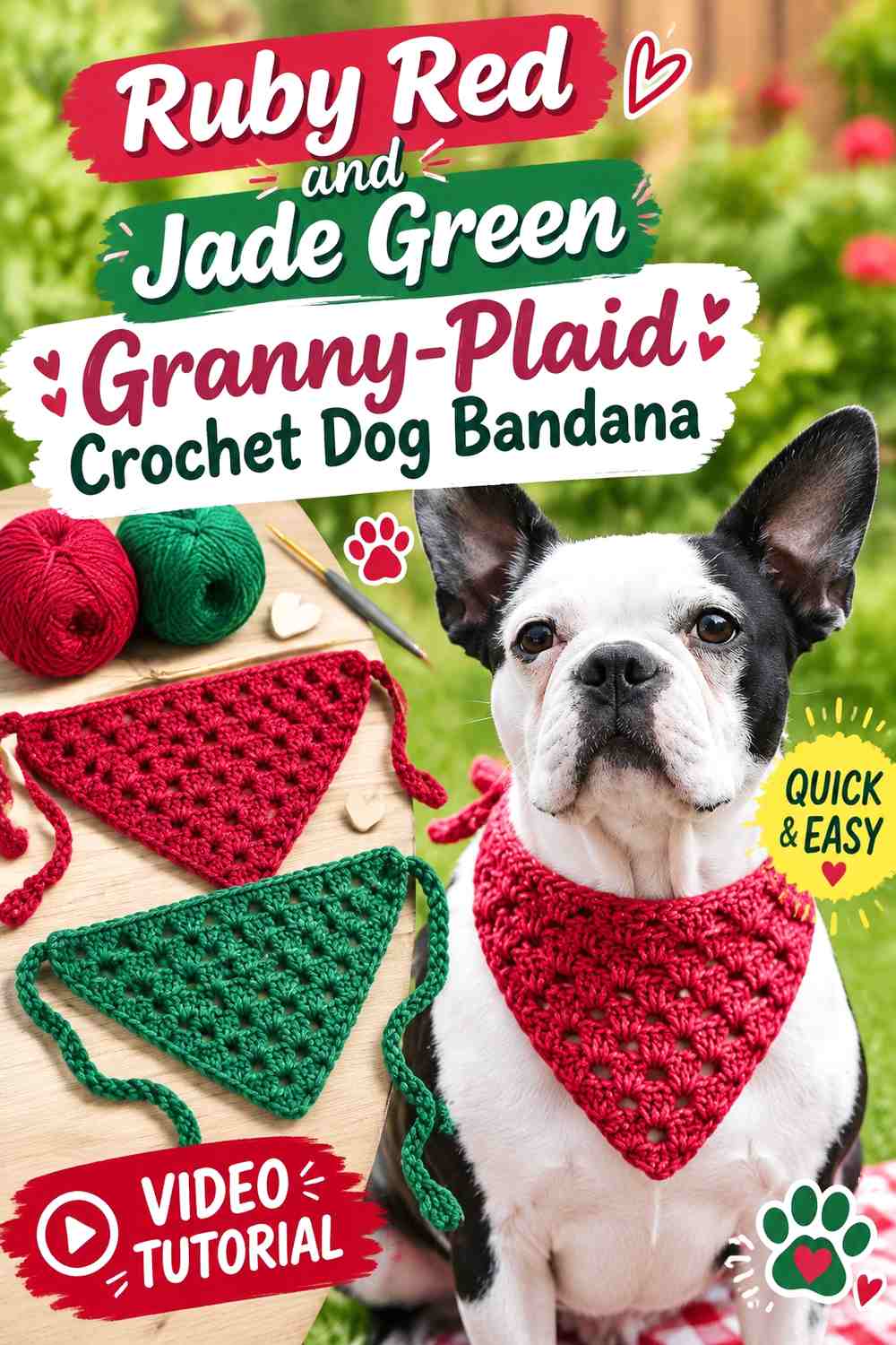 Ruby Red and Jade Green Granny-Plaid Crochet Dog Bandana