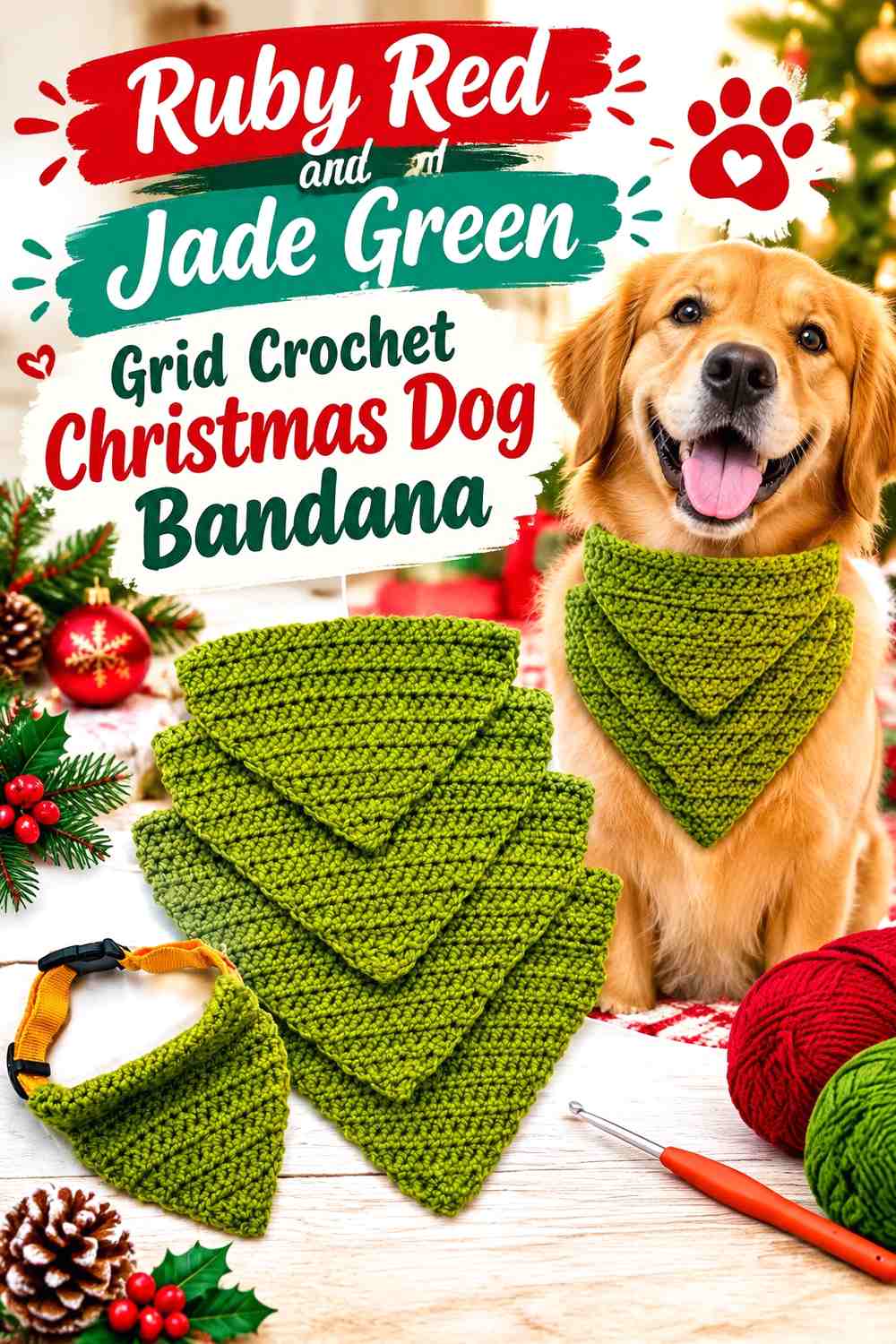 Ruby Red and Jade Green Grid Crochet Christmas Dog Bandana