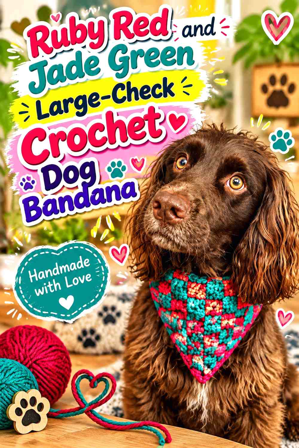Ruby Red and Jade Green Large-Check Crochet Dog Bandana