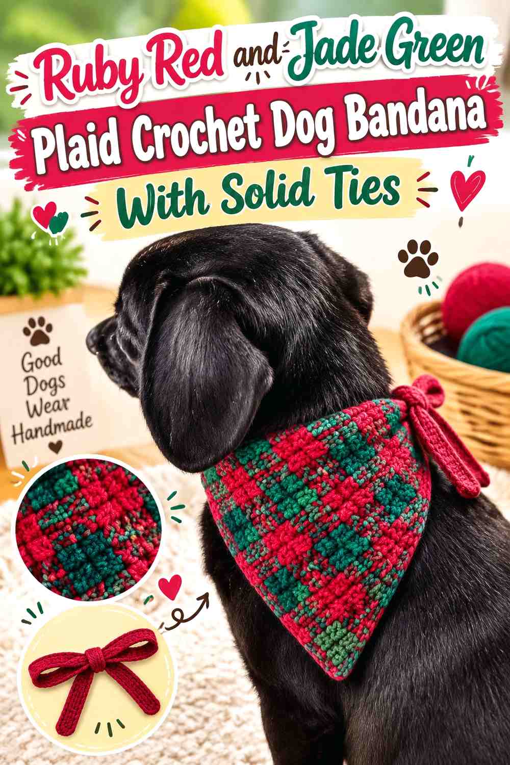 Ruby Red and Jade Green Plaid Crochet Dog Bandana With Solid Ties