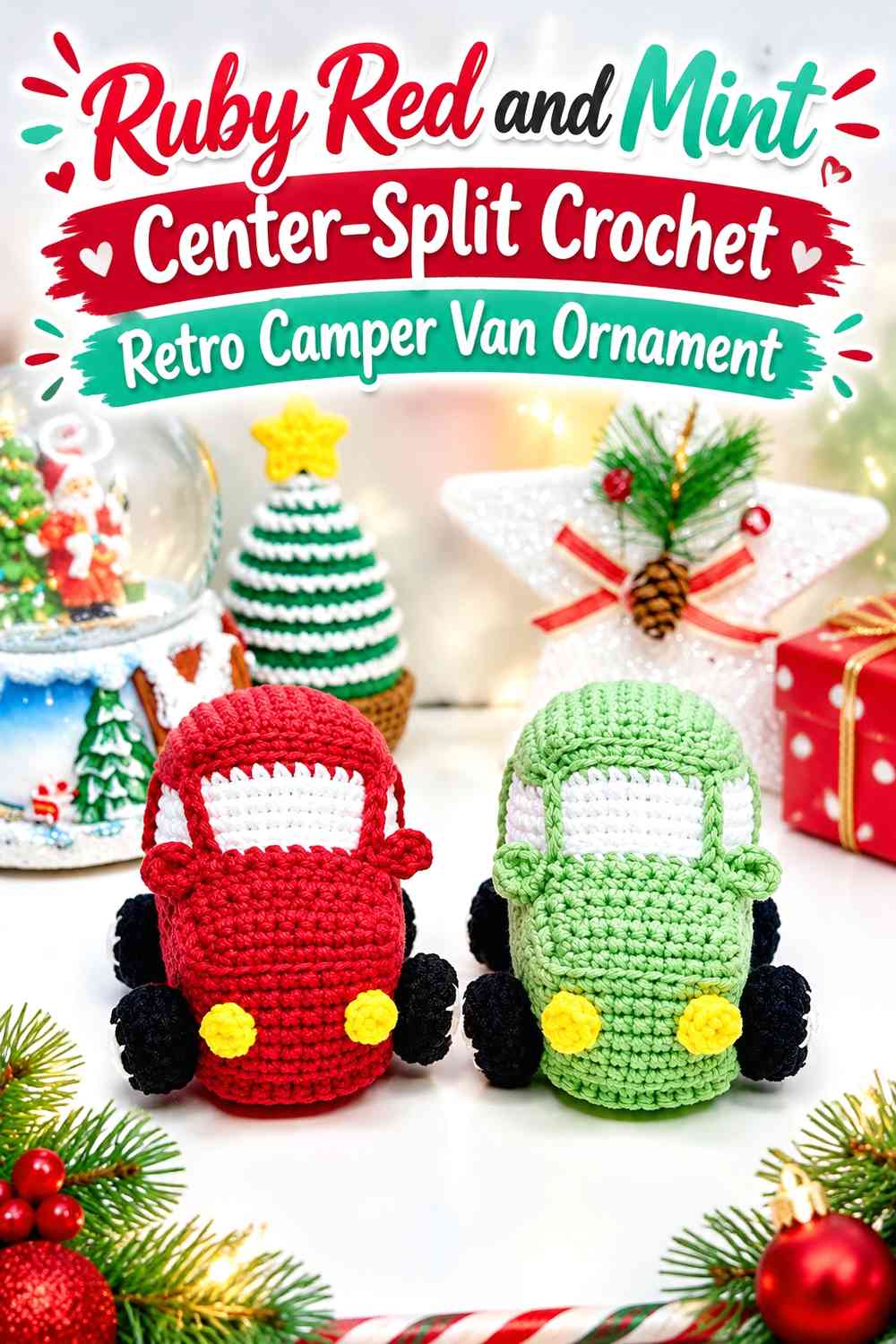 Ruby Red and Mint Center-Split Crochet Retro Camper Van Ornament