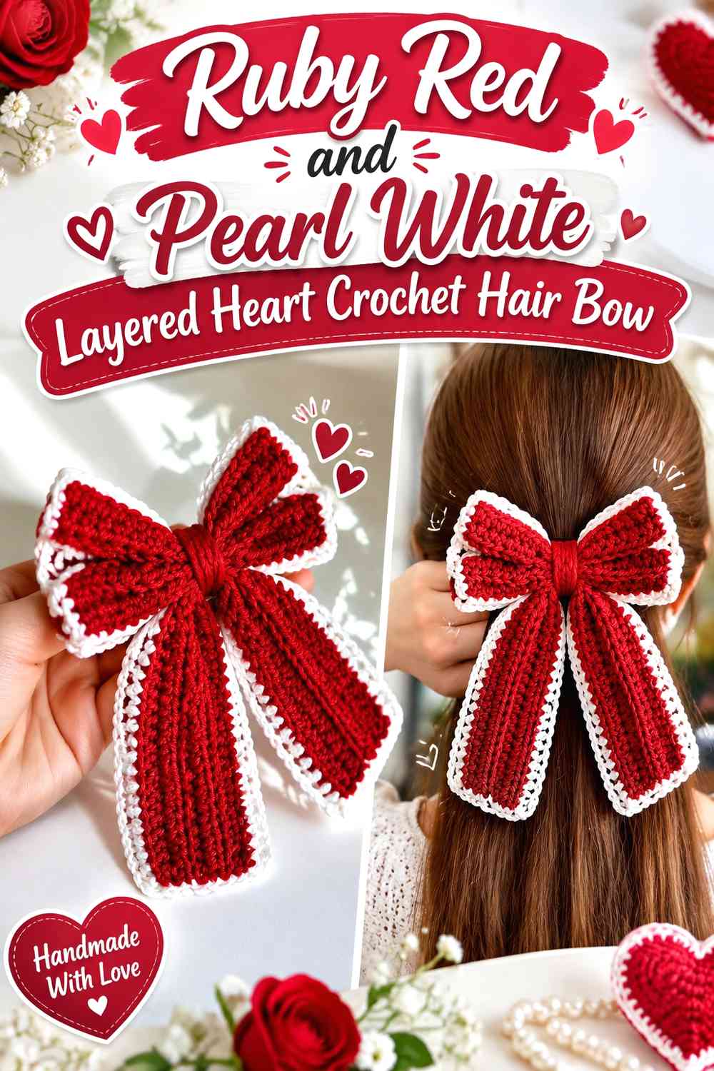 Ruby Red and Pearl White Layered Heart Crochet Hair Bow