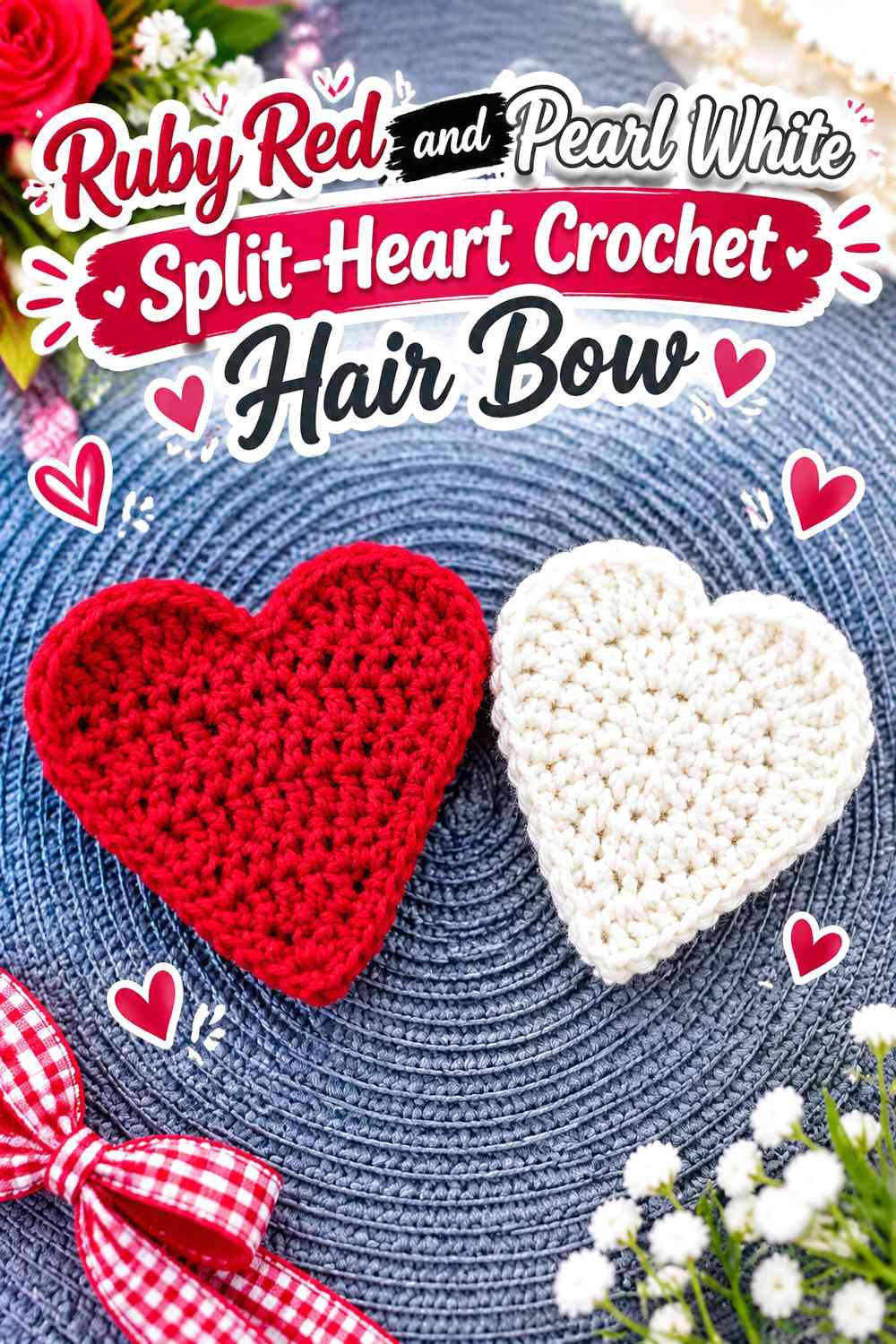 Ruby Red and Pearl White Split-Heart Crochet Hair Bow