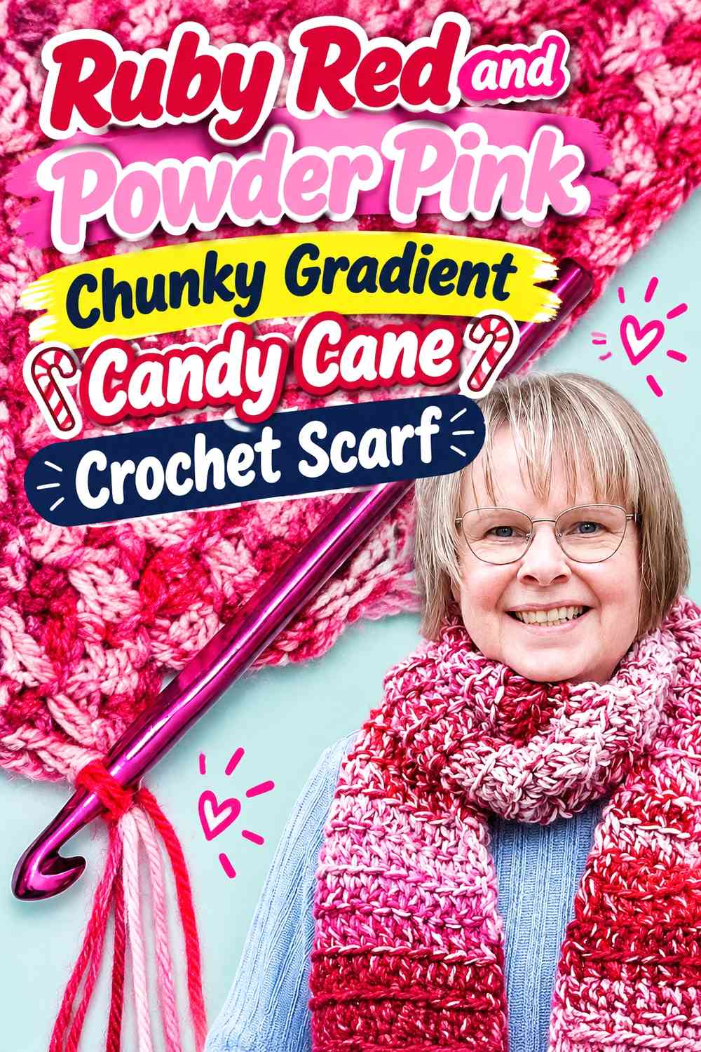 Ruby Red and Powder Pink Chunky Gradient Candy Cane Crochet Scarf