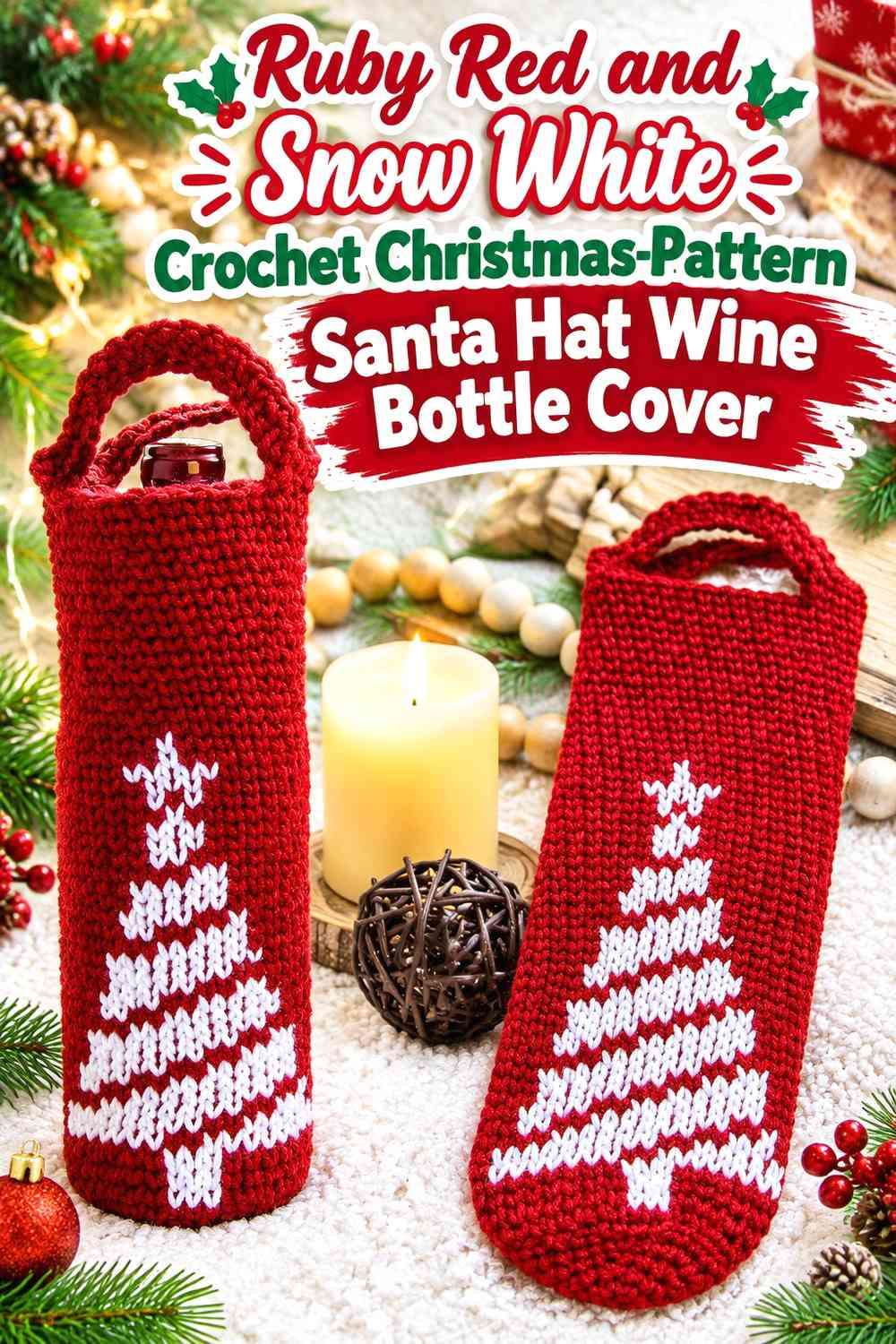 Ruby Red and Snow White Crochet Christmas-Pattern Santa Hat Wine Bottle Cover