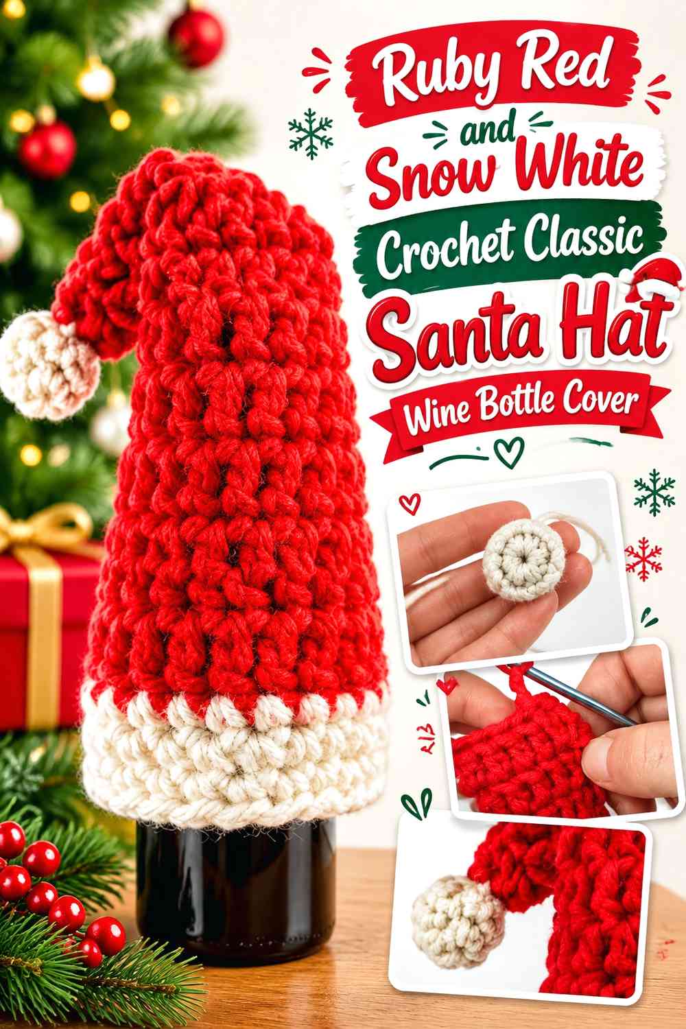Ruby Red and Snow White Crochet Classic Santa Hat Wine Bottle Cover