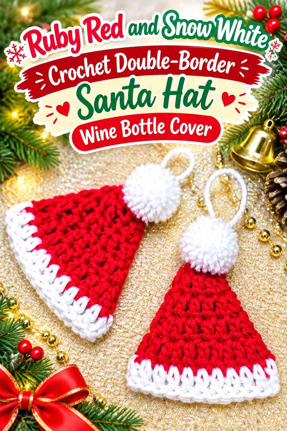 Ruby Red and Snow White Crochet Double-Border Santa Hat Wine Bottle Cover