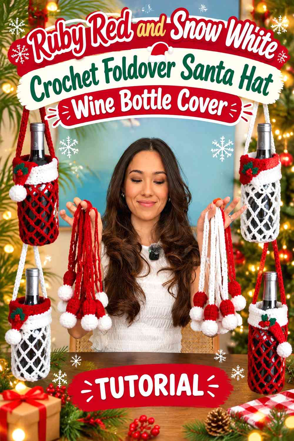 Ruby Red and Snow White Crochet Foldover Santa Hat Wine Bottle Cover