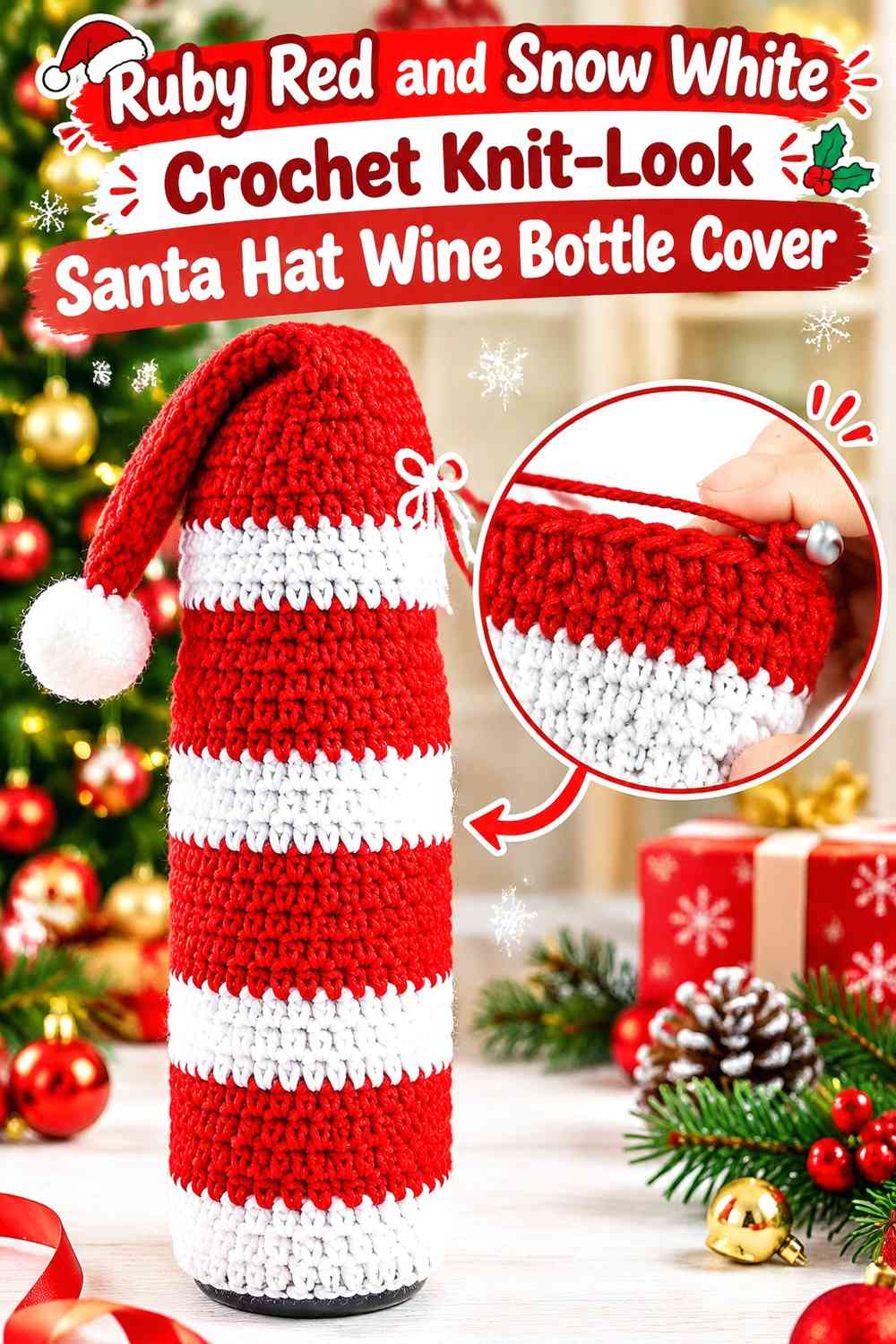 Ruby Red and Snow White Crochet Knit-Look Santa Hat Wine Bottle Cover