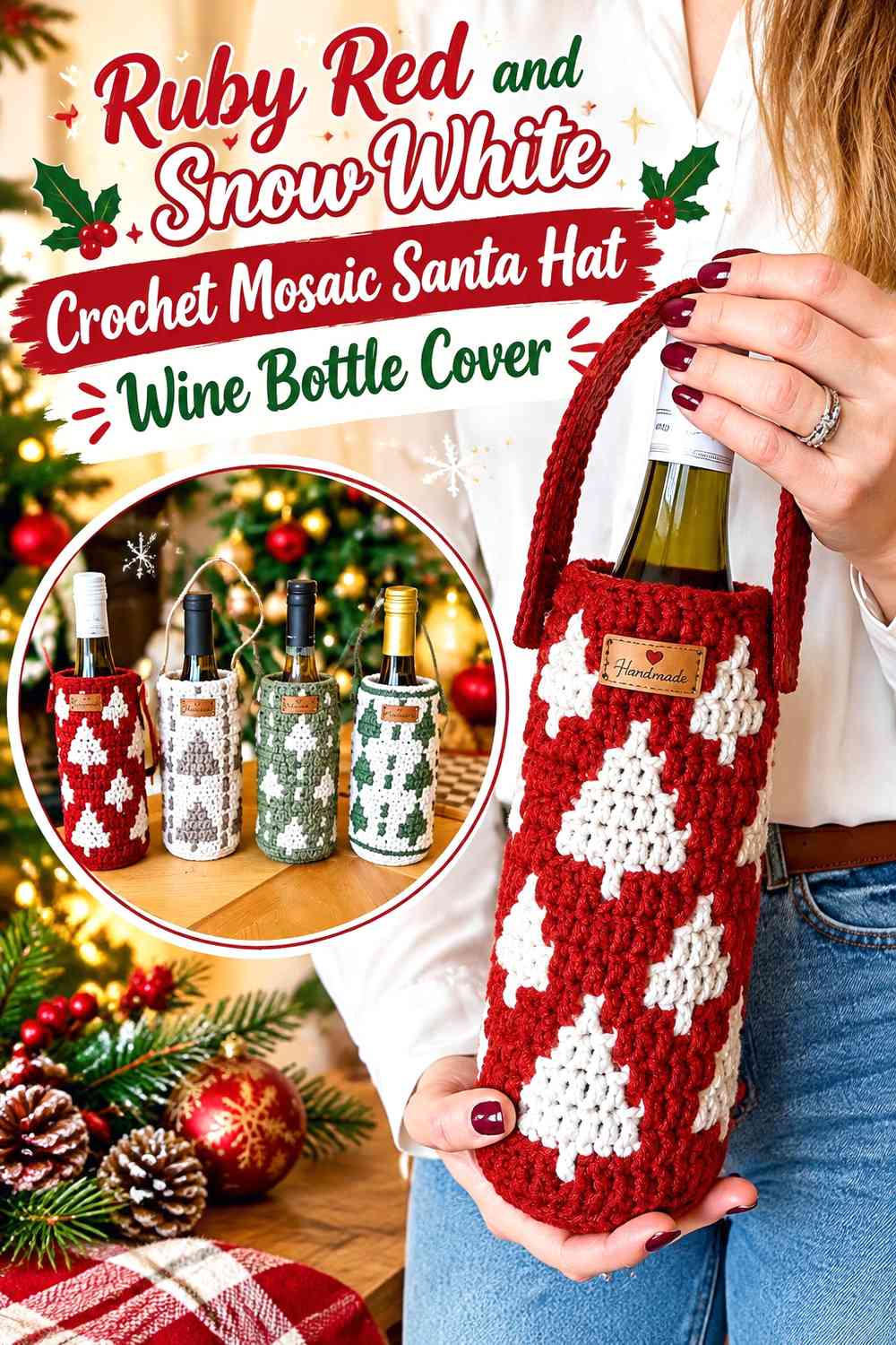 Ruby Red and Snow White Crochet Mosaic Santa Hat Wine Bottle Cover