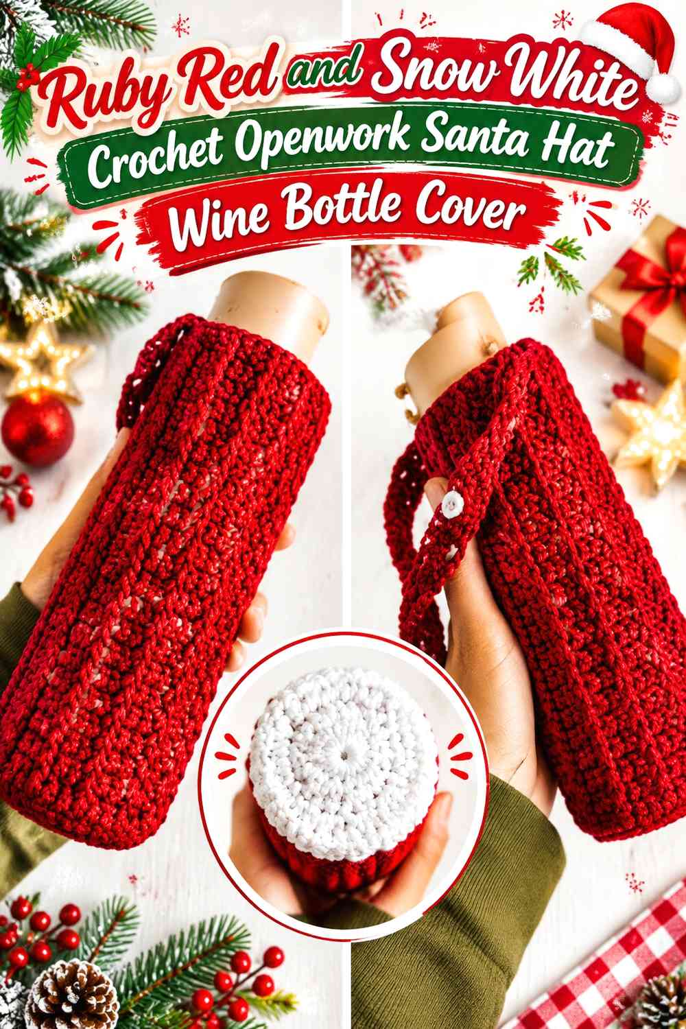 Ruby Red and Snow White Crochet Openwork Santa Hat Wine Bottle Cover