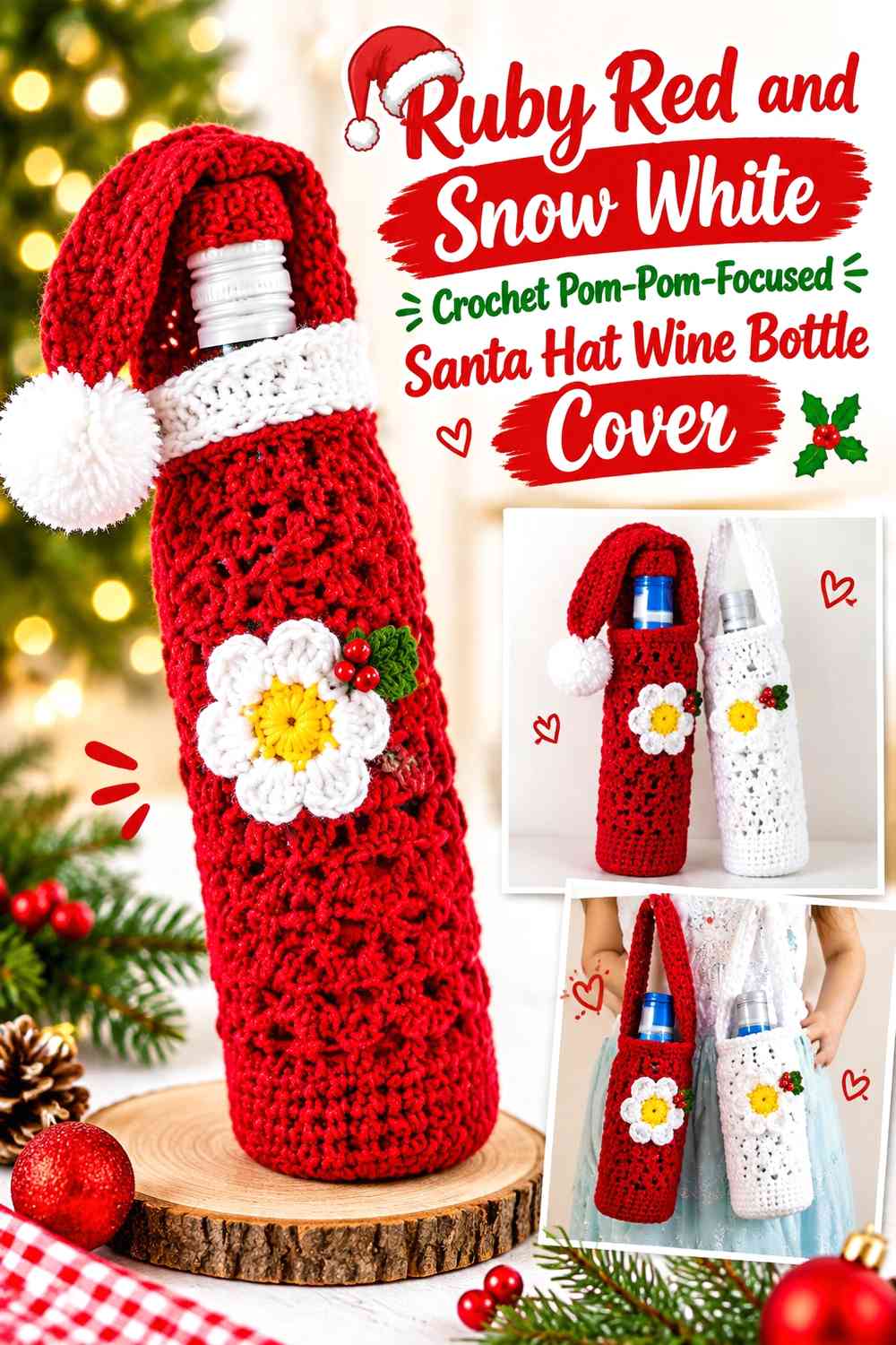 Ruby Red and Snow White Crochet Pom-Pom-Focused Santa Hat Wine Bottle Cover