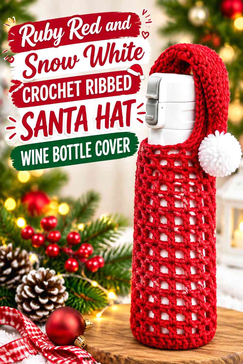 Ruby Red and Snow White Crochet Ribbed Santa Hat Wine Bottle Cover