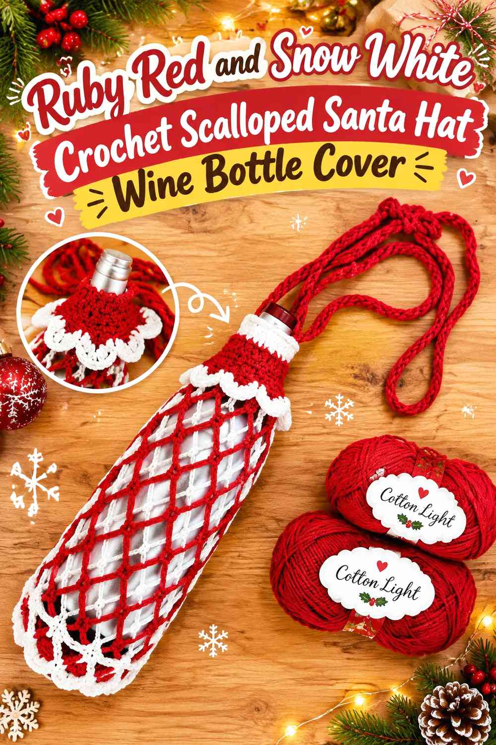 Ruby Red and Snow White Crochet Scalloped Santa Hat Wine Bottle Cover