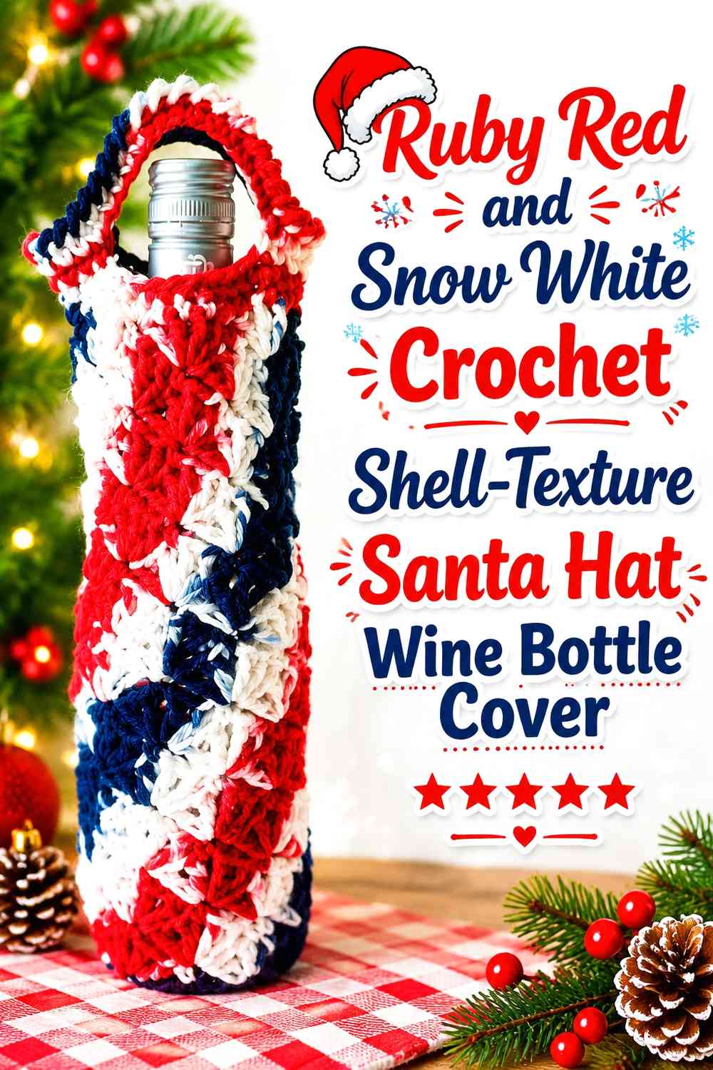 Ruby Red and Snow White Crochet Shell-Texture Santa Hat Wine Bottle Cover