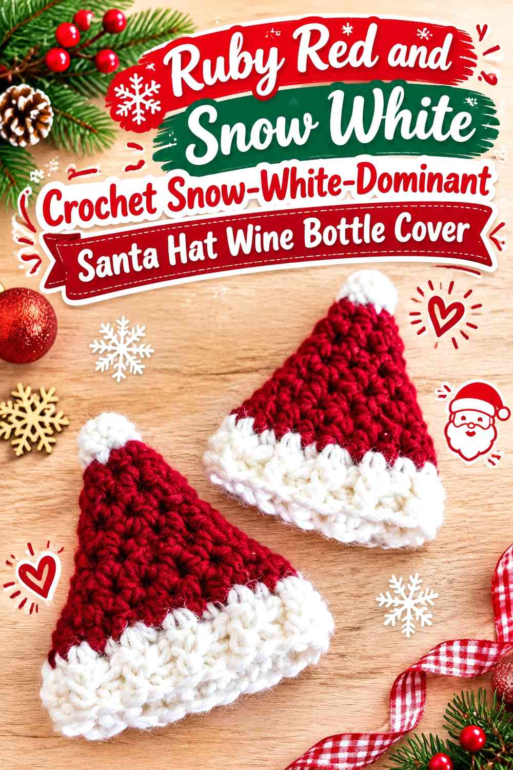 Ruby Red and Snow White Crochet Snow-White-Dominant Santa Hat Wine Bottle Cover