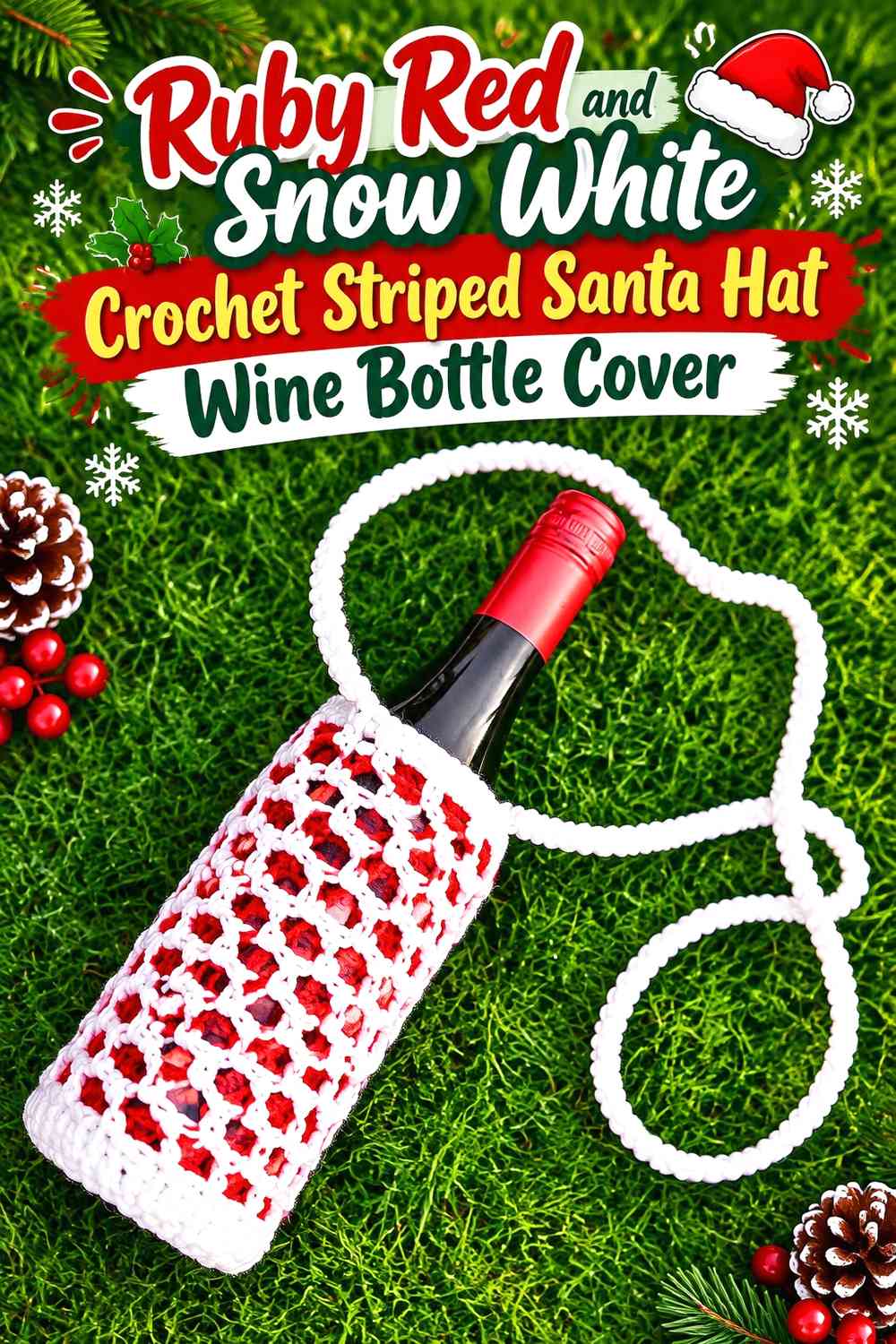 Ruby Red and Snow White Crochet Striped Santa Hat Wine Bottle Cover