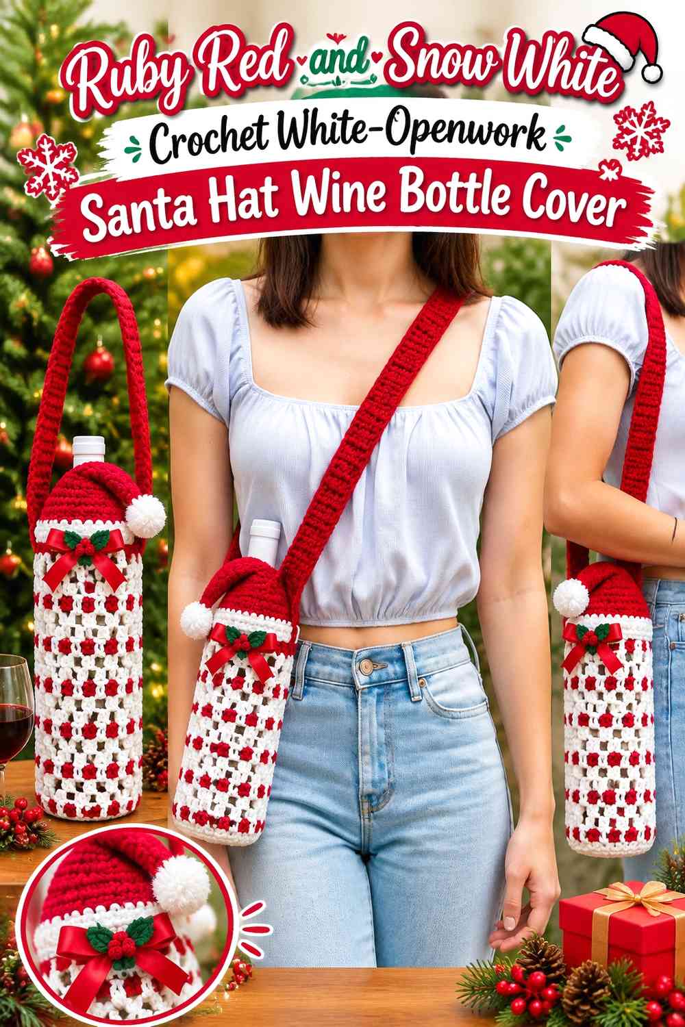 Ruby Red and Snow White Crochet White-Openwork Santa Hat Wine Bottle Cover