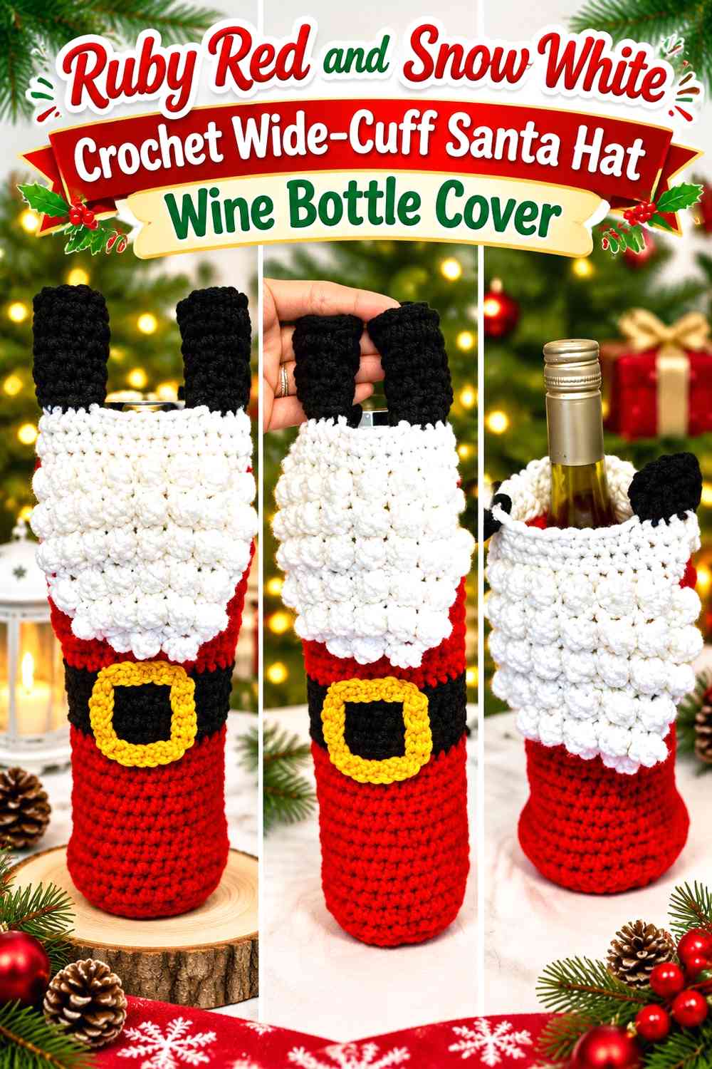 Ruby Red and Snow White Crochet Wide-Cuff Santa Hat Wine Bottle Cover
