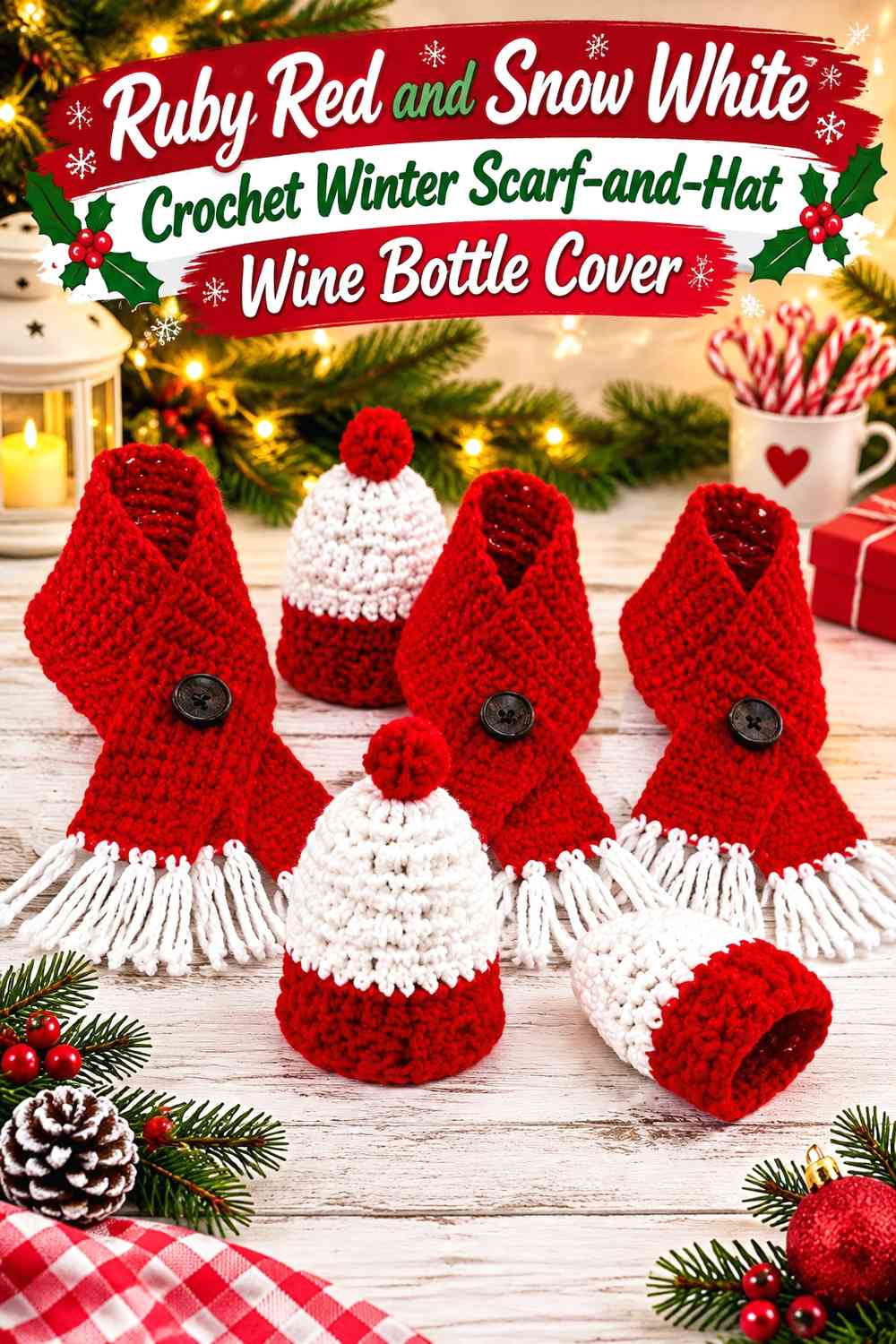 Ruby Red and Snow White Crochet Winter Scarf-and-Hat Wine Bottle Cover