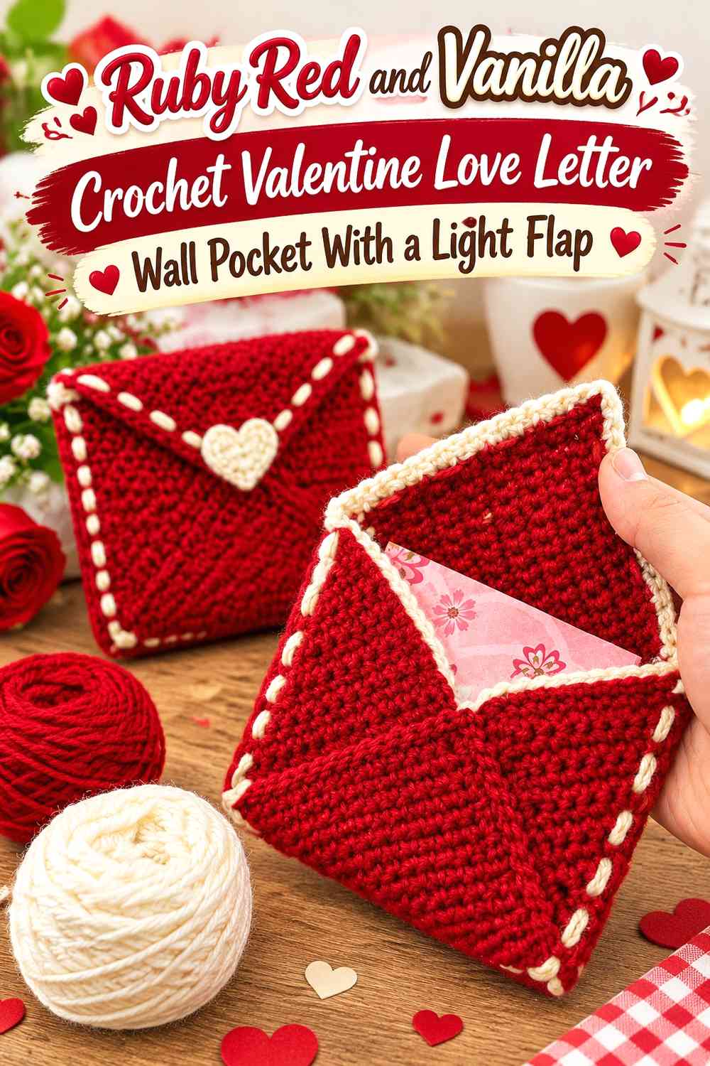 Ruby Red and Vanilla Crochet Valentine Love Letter Wall Pocket With a Light Flap