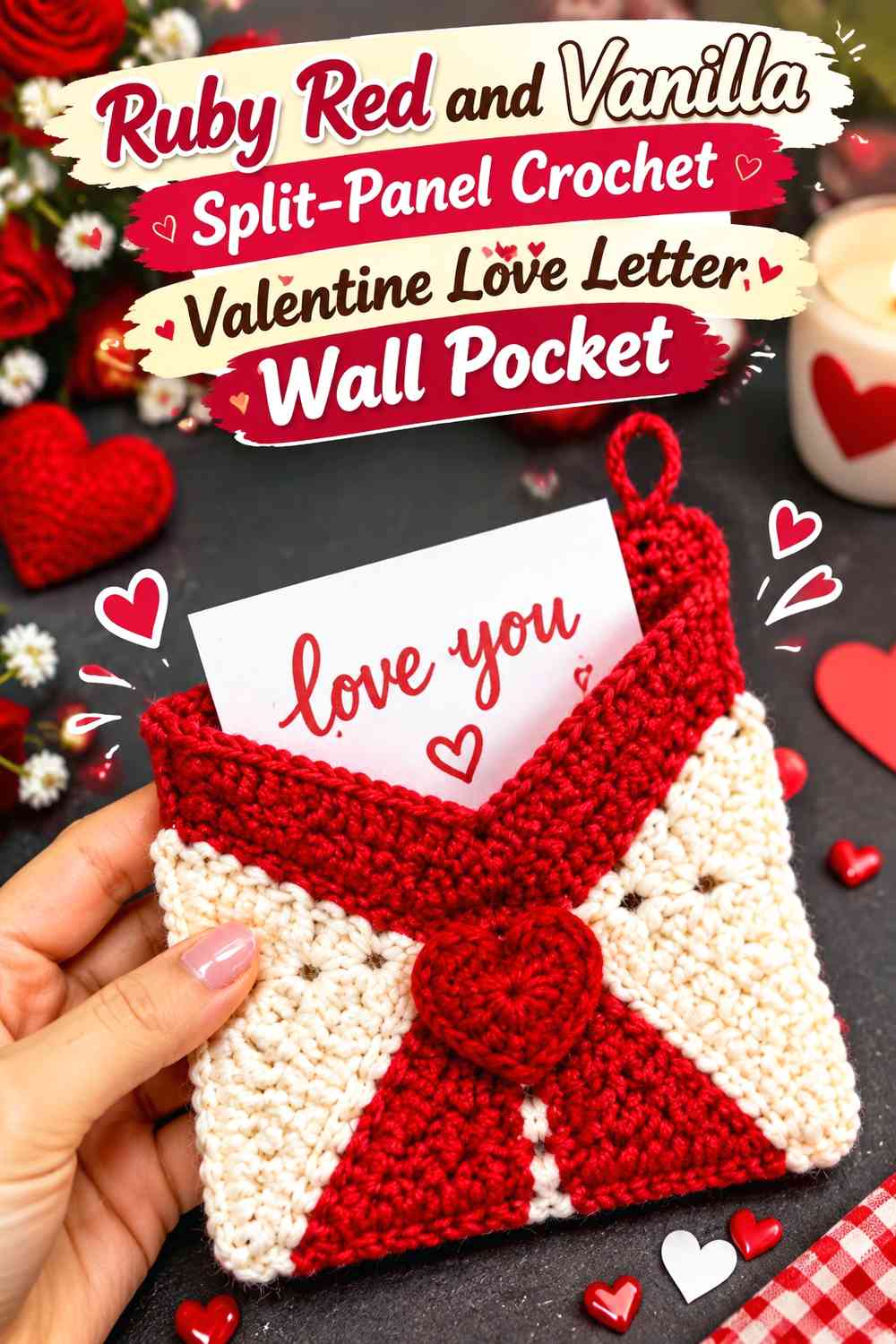 Ruby Red and Vanilla Split-Panel Crochet Valentine Love Letter Wall Pocket