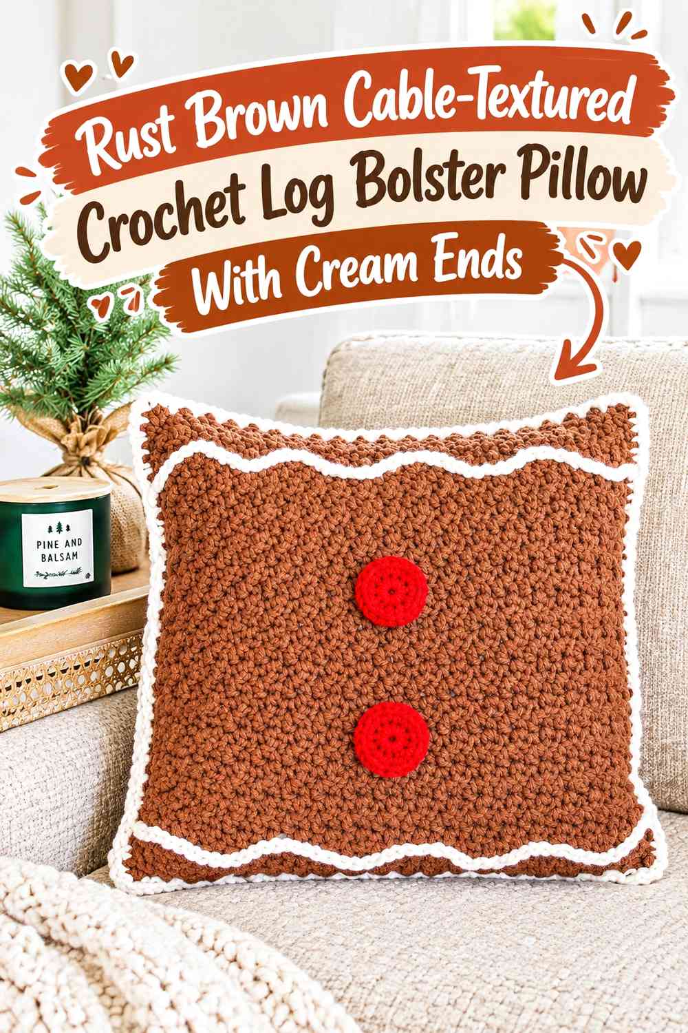 Rust Brown Cable-Textured Crochet Log Bolster Pillow With Cream Ends