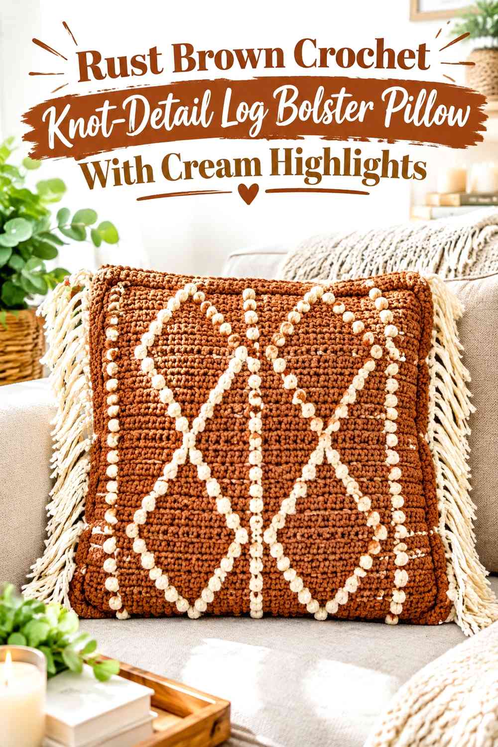 Rust Brown Crochet Knot-Detail Log Bolster Pillow With Cream Highlights
