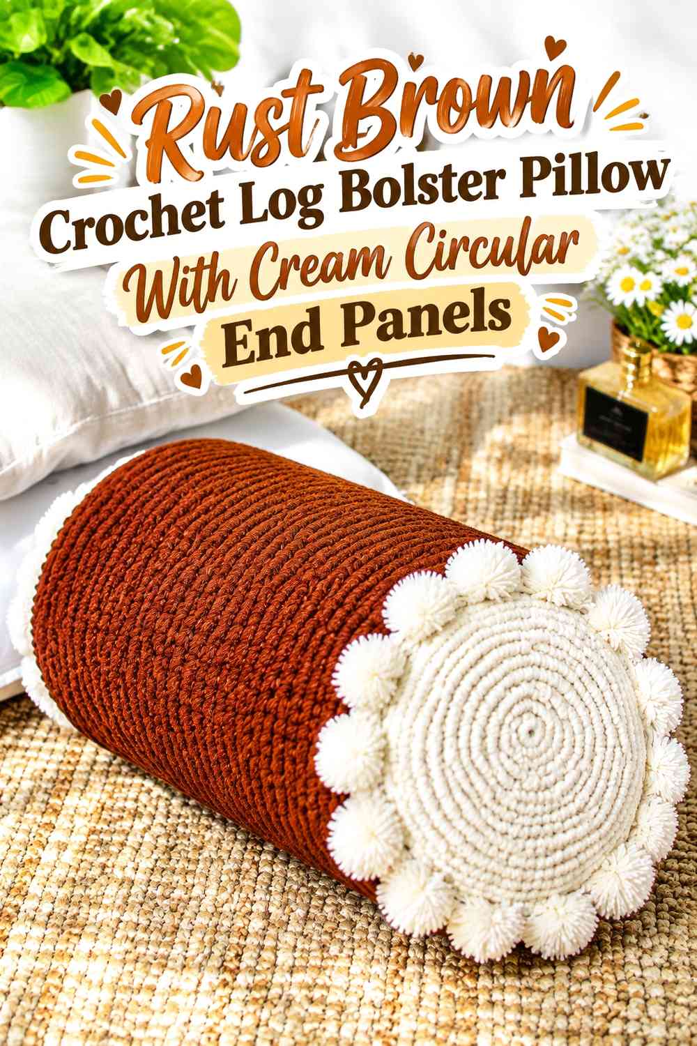 Rust Brown Crochet Log Bolster Pillow With Cream Circular End Panels