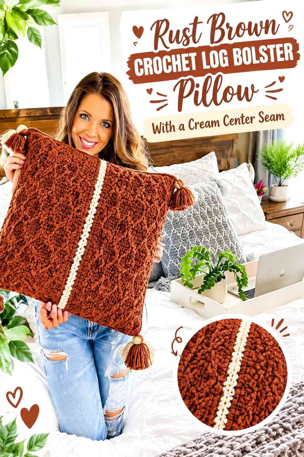 Rust Brown Crochet Log Bolster Pillow With a Cream Center Seam