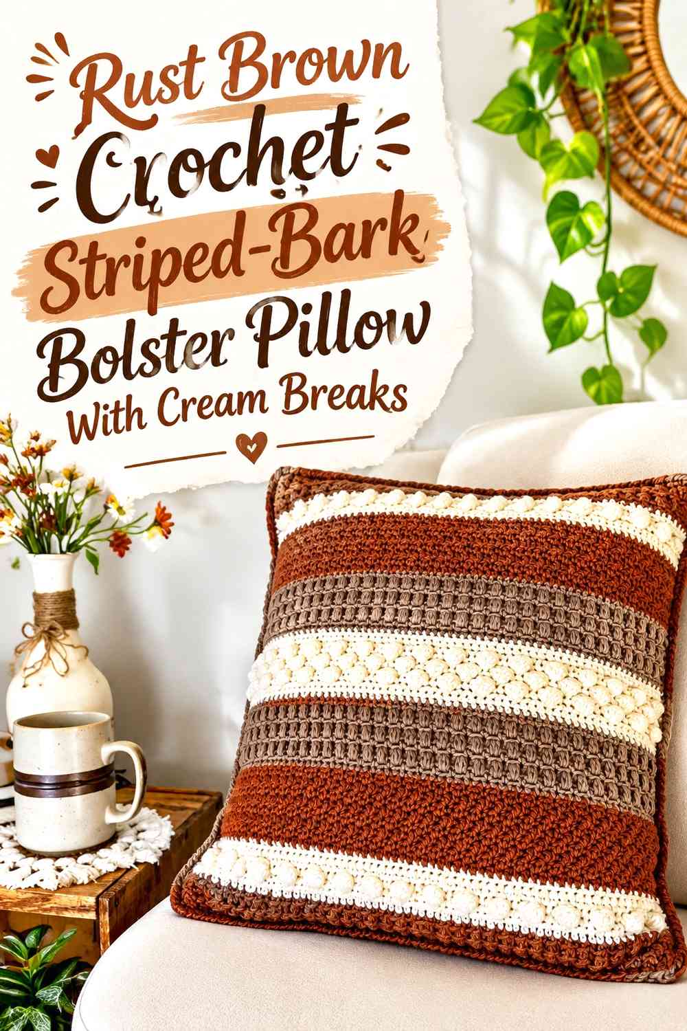 Rust Brown Crochet Striped-Bark Bolster Pillow With Cream Breaks