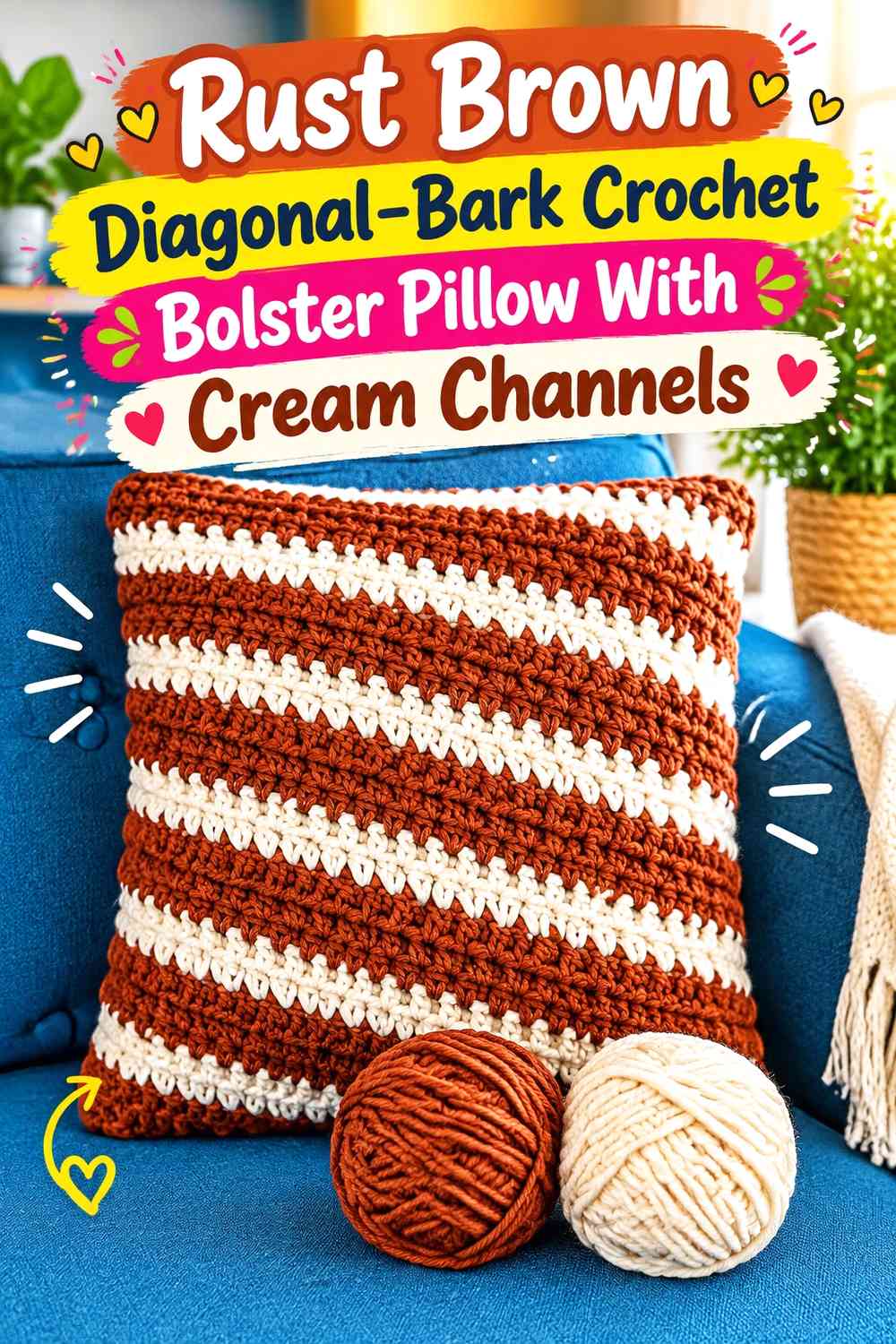 Rust Brown Diagonal-Bark Crochet Bolster Pillow With Cream Channels