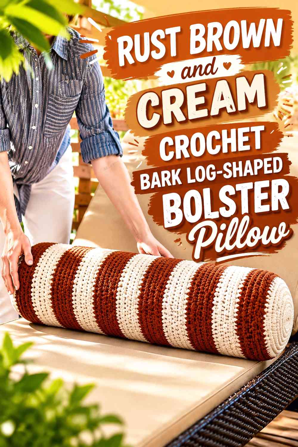 Rust Brown and Cream Crochet Bark Log-Shaped Bolster Pillow