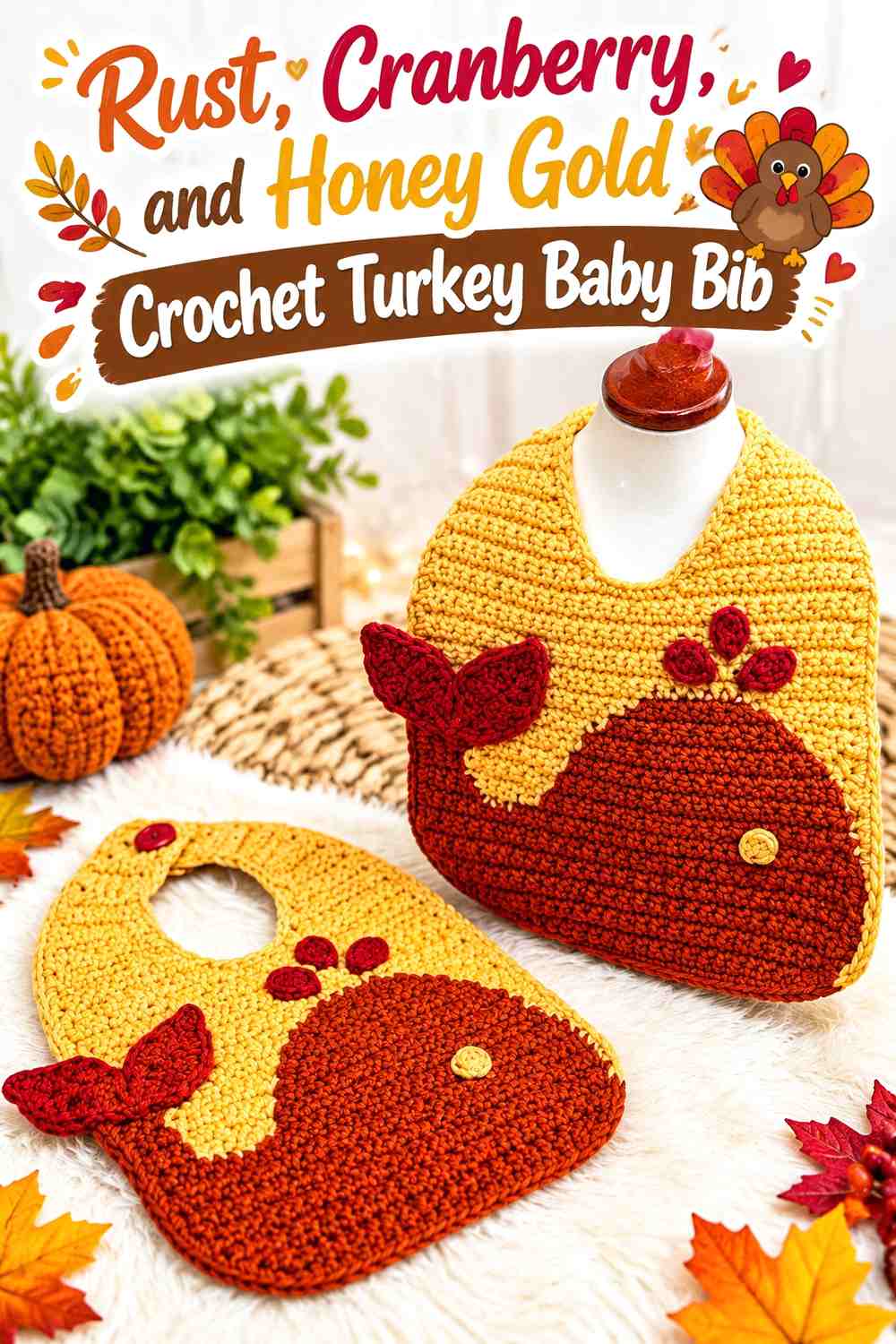 Rust, Cranberry, and Honey Gold Crochet Turkey Baby Bib