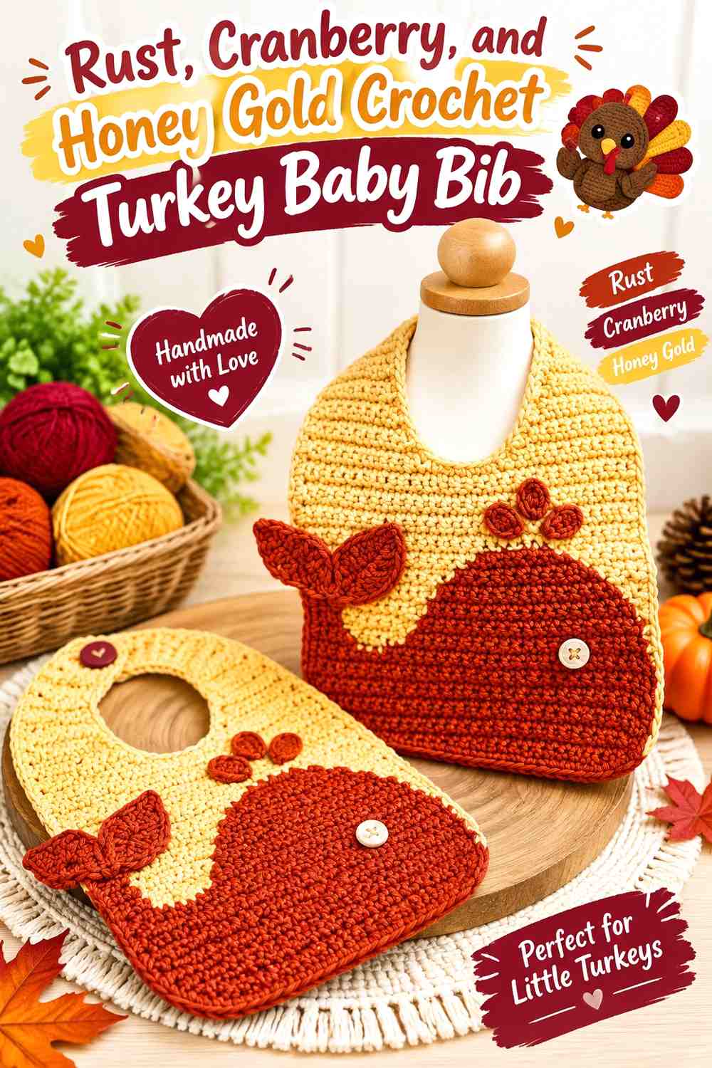 Rust, Cranberry, and Honey Gold Crochet Turkey Baby Bib