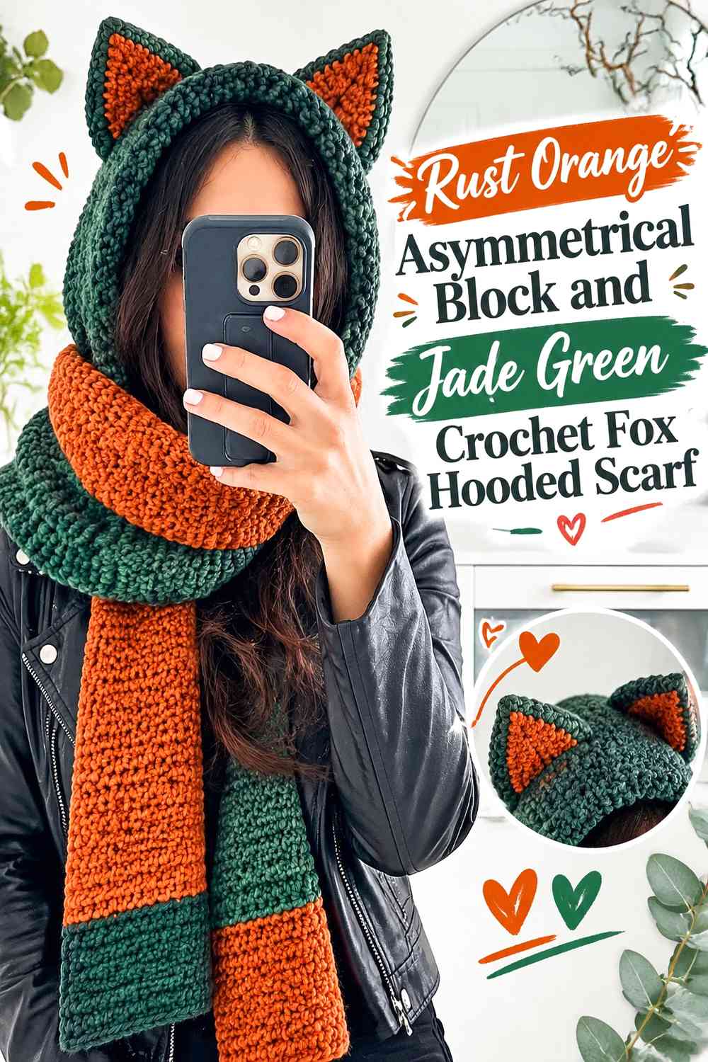 Rust Orange Asymmetrical Block and Jade Green Crochet Fox Hooded Scarf