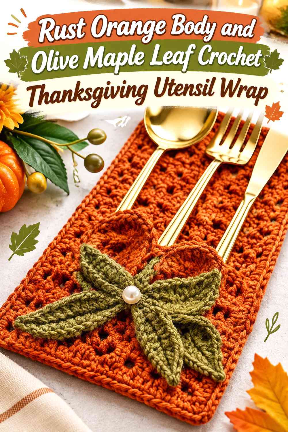 Rust Orange Body and Olive Maple Leaf Crochet Thanksgiving Utensil Wrap