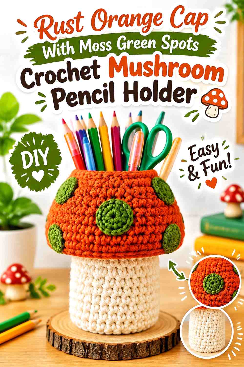 Rust Orange Cap With Moss Green Spots Crochet Mushroom Pencil Holder