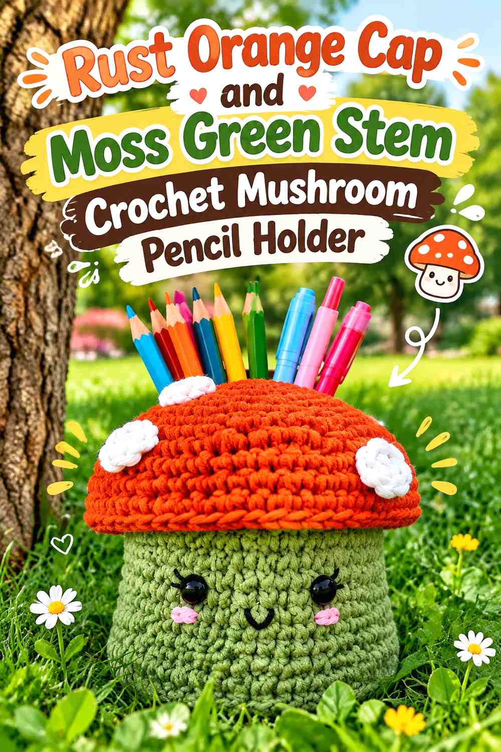 Rust Orange Cap and Moss Green Stem Crochet Mushroom Pencil Holder