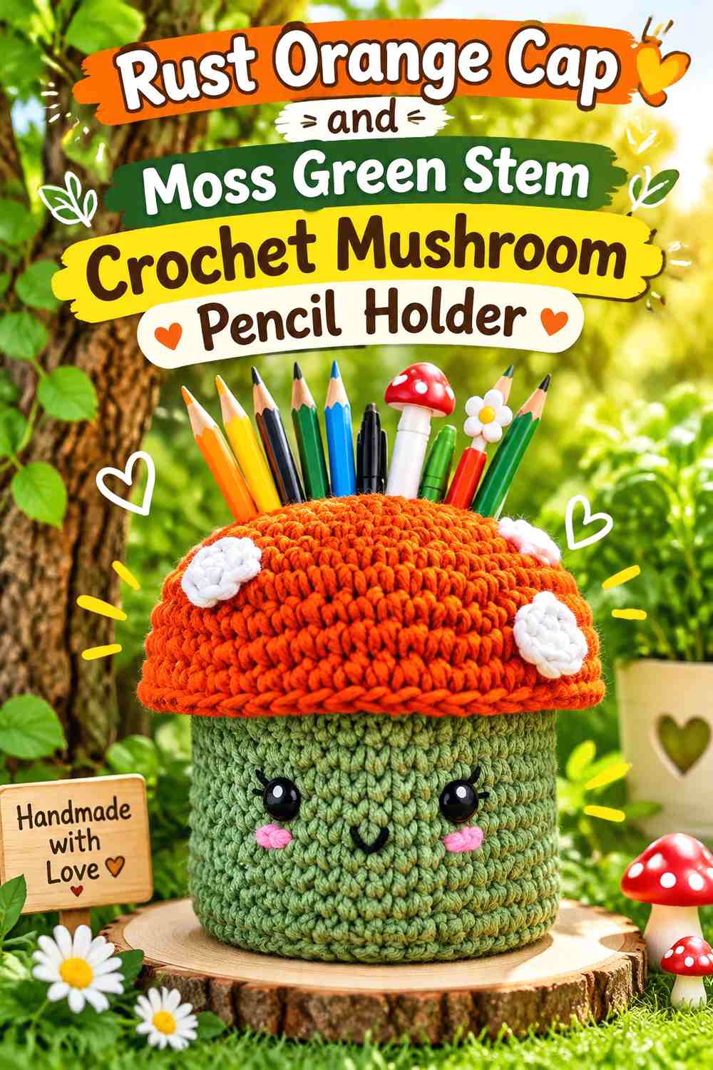 Rust Orange Cap and Moss Green Stem Crochet Mushroom Pencil Holder
