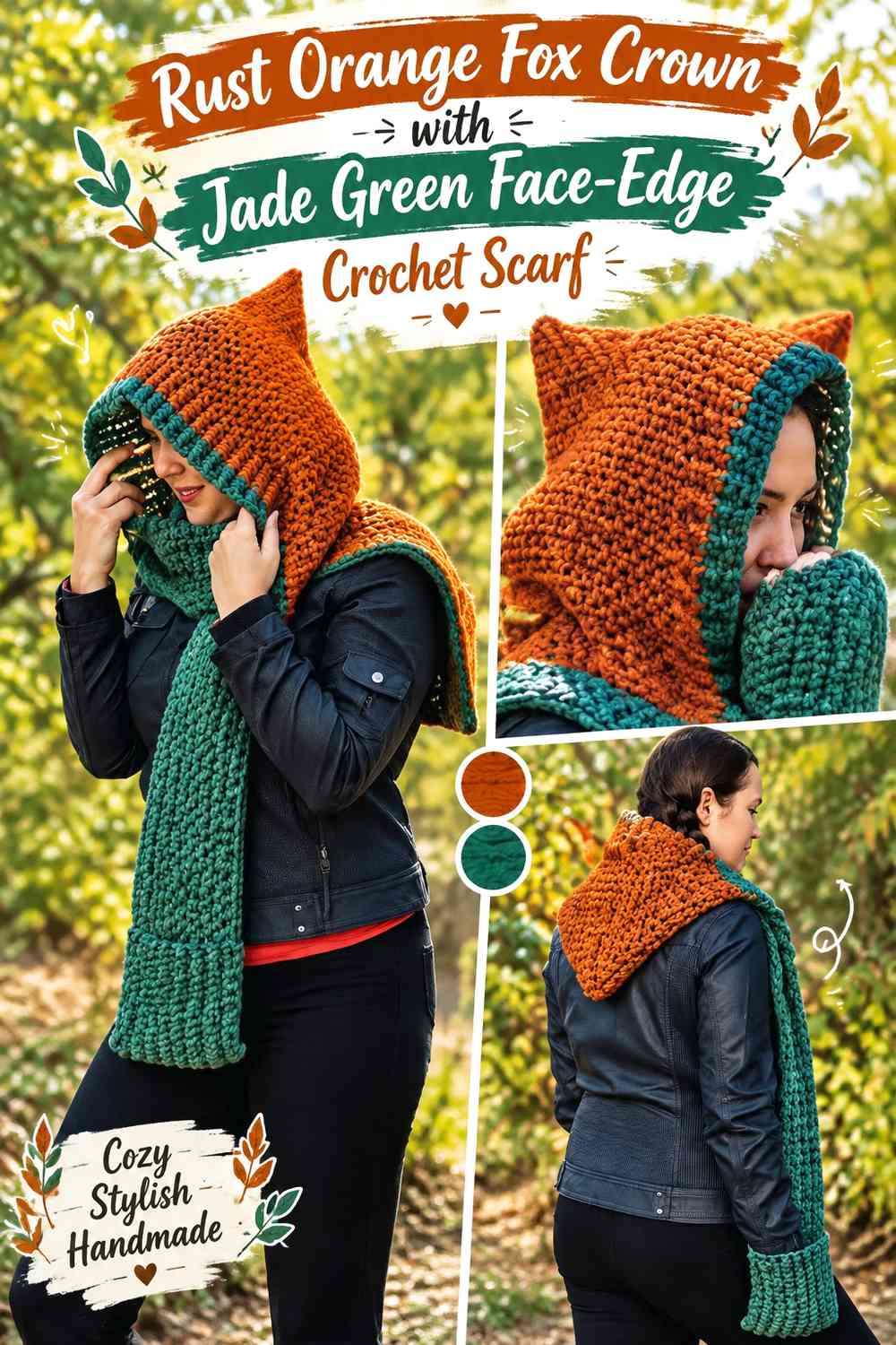 Rust Orange Fox Crown with Jade Green Face-Edge Crochet Scarf