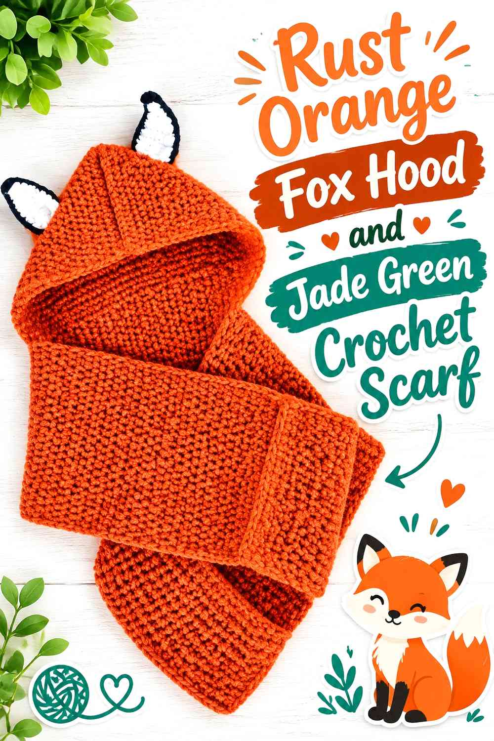 Rust Orange Fox Hood and Jade Green Crochet Scarf