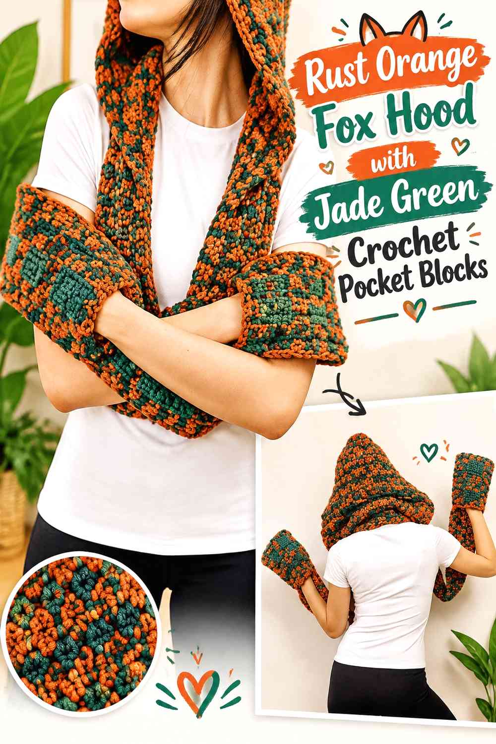 Rust Orange Fox Hood with Jade Green Crochet Pocket Blocks