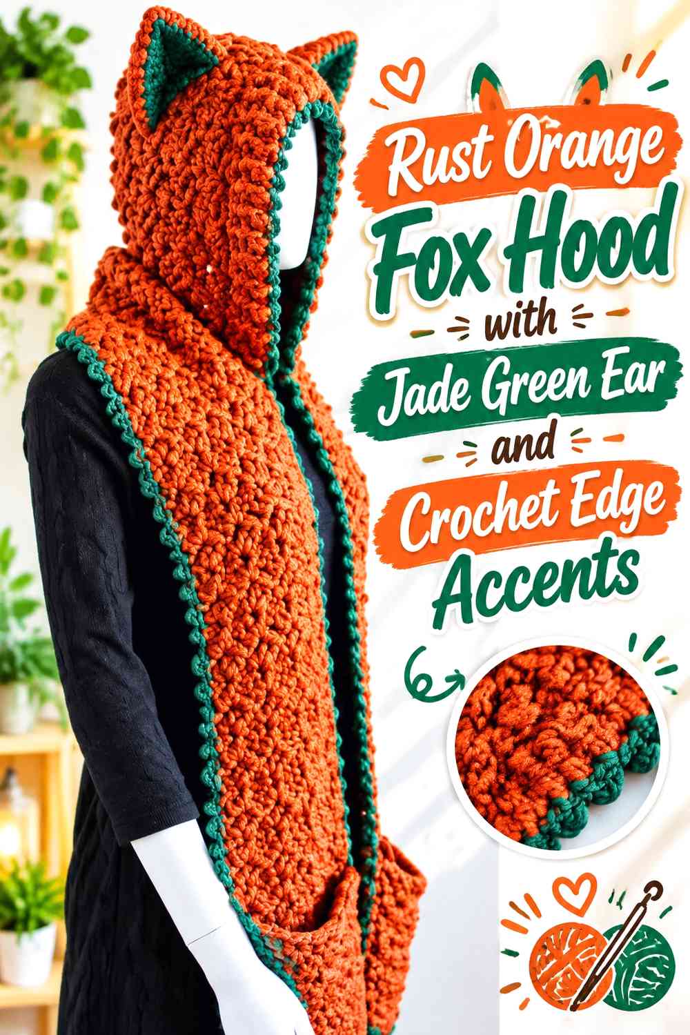 Rust Orange Fox Hood with Jade Green Ear and Crochet Edge Accents