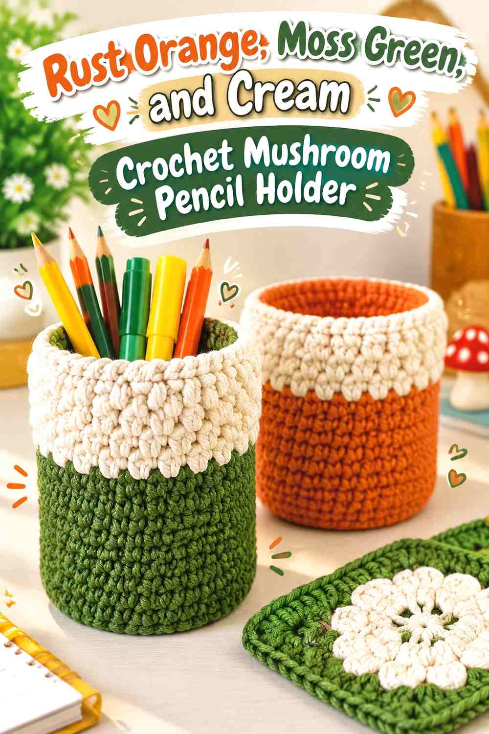 Rust Orange, Moss Green, and Cream Crochet Mushroom Pencil Holder