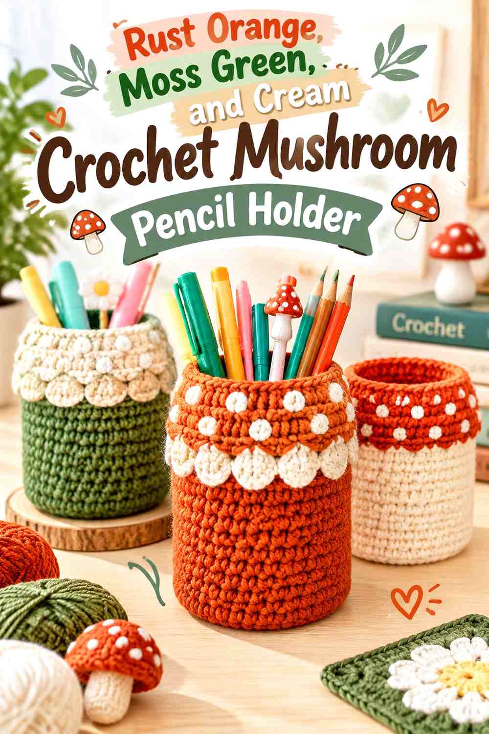 Rust Orange, Moss Green, and Cream Crochet Mushroom Pencil Holder