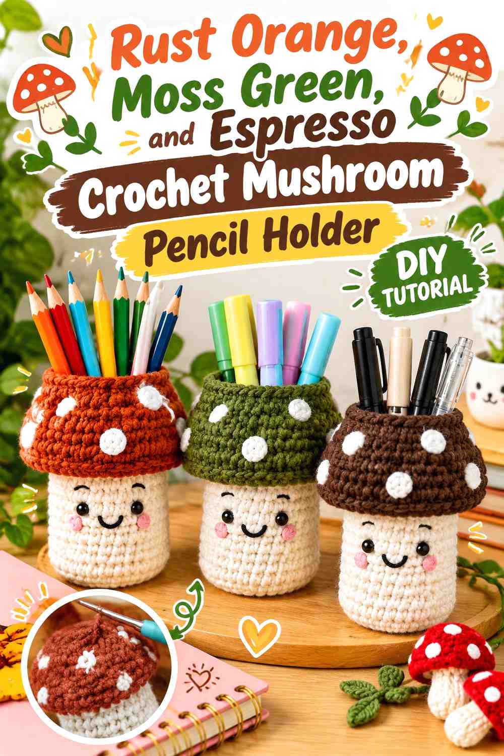 Rust Orange, Moss Green, and Espresso Crochet Mushroom Pencil Holder