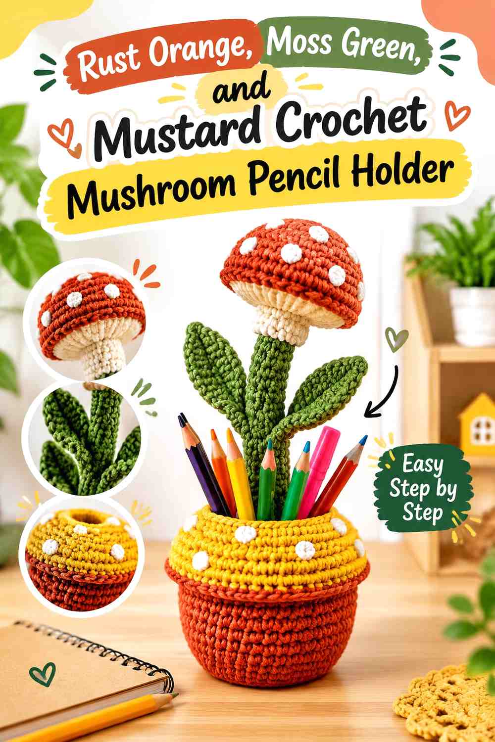 Rust Orange, Moss Green, and Mustard Crochet Mushroom Pencil Holder